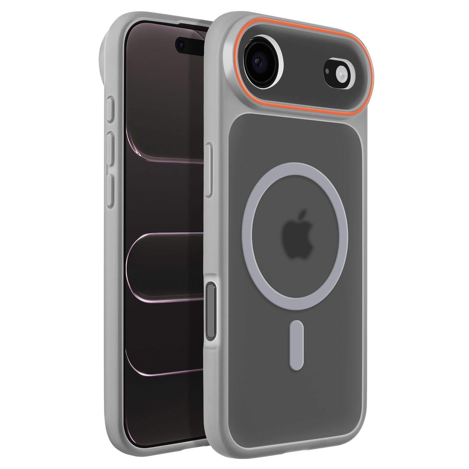 Grijze iPhone-hoes met oranje camerabezel en MagSafe-ring.