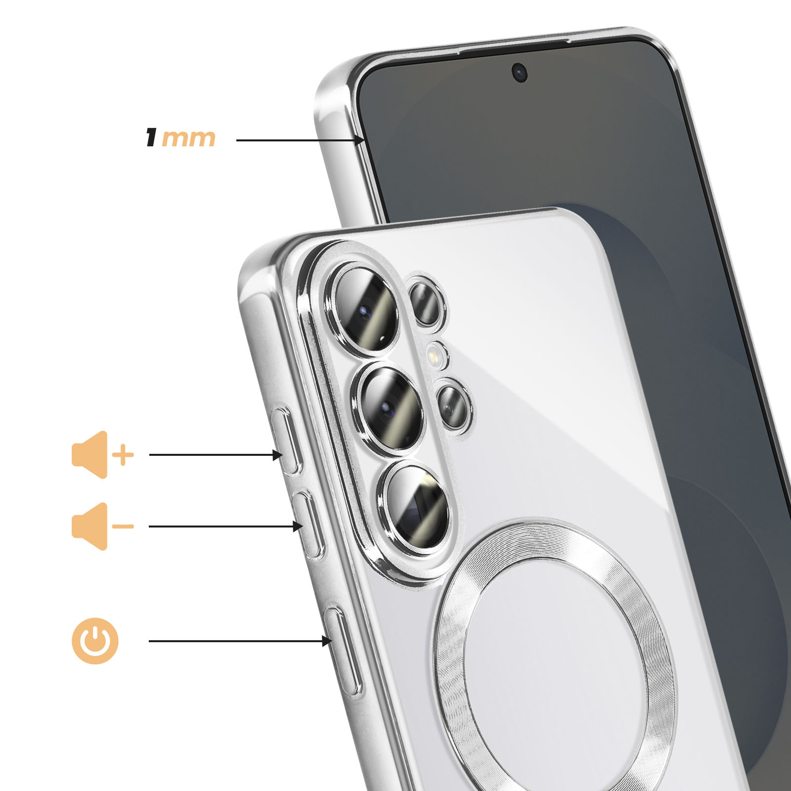 Coque de téléphone transparente avec anneau, bord de 1mm, boutons volume/power.