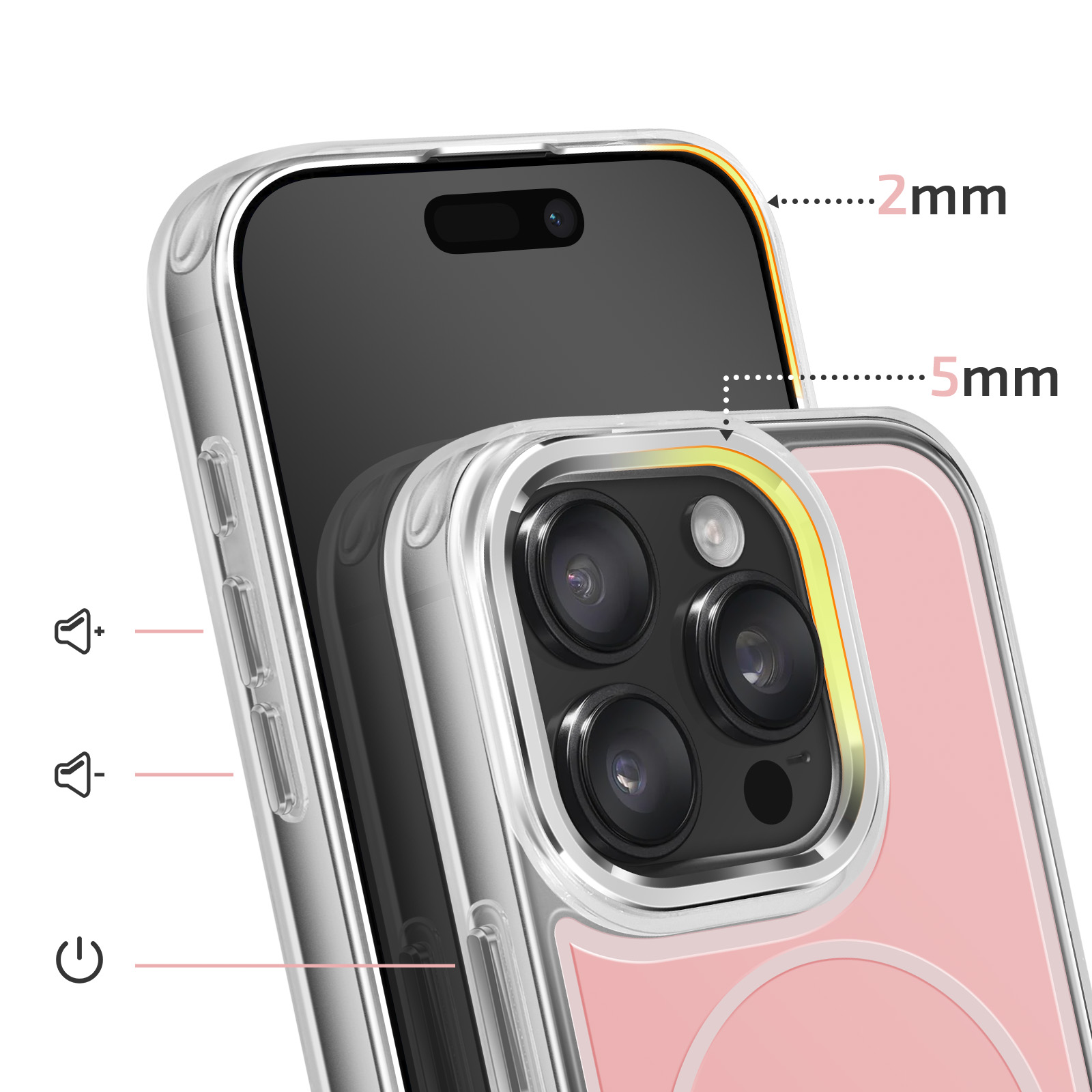 Doorzichtige hoes met roze achterkant voor iPhone, toont randen van 2mm en 5mm.