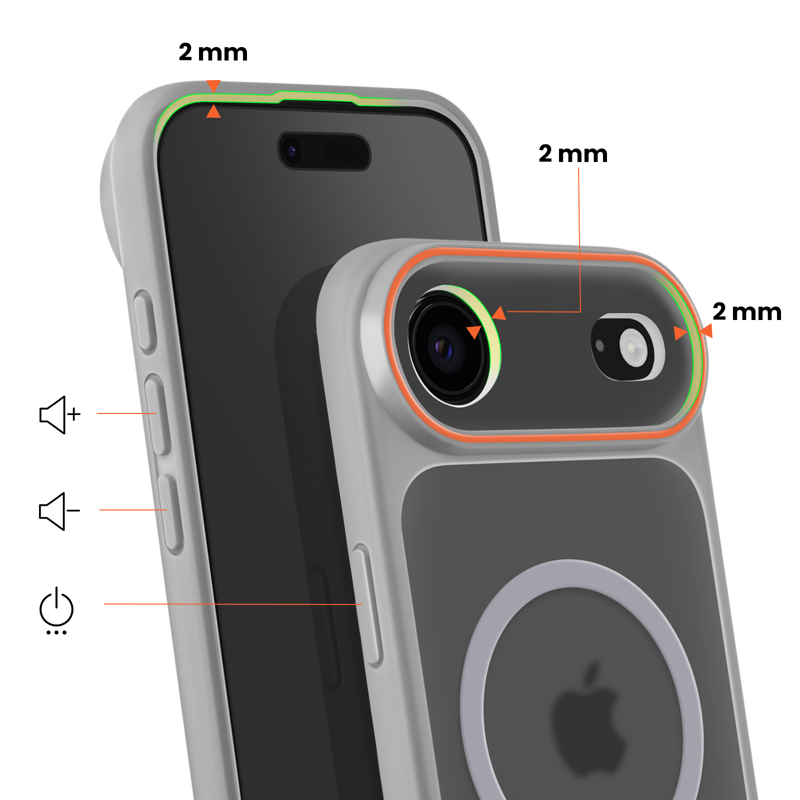 Een grijze telefoon in beschermhoes. 2 mm afmetingen.