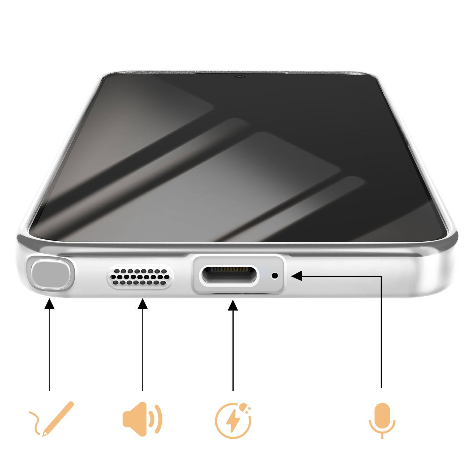Gros plan du bord inférieur d'un smartphone montrant ports et icônes.