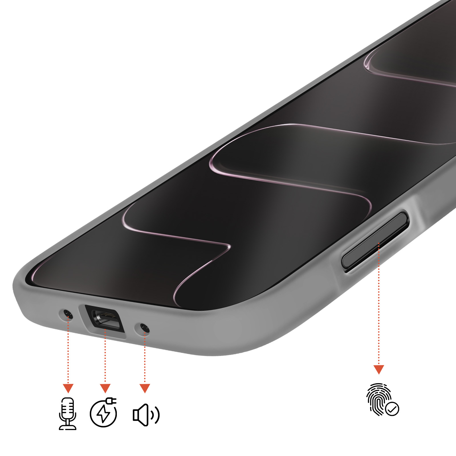 Grijze smartphone met zijdelingse oplaadpoort, luidspreker en vingerafdruksensor.