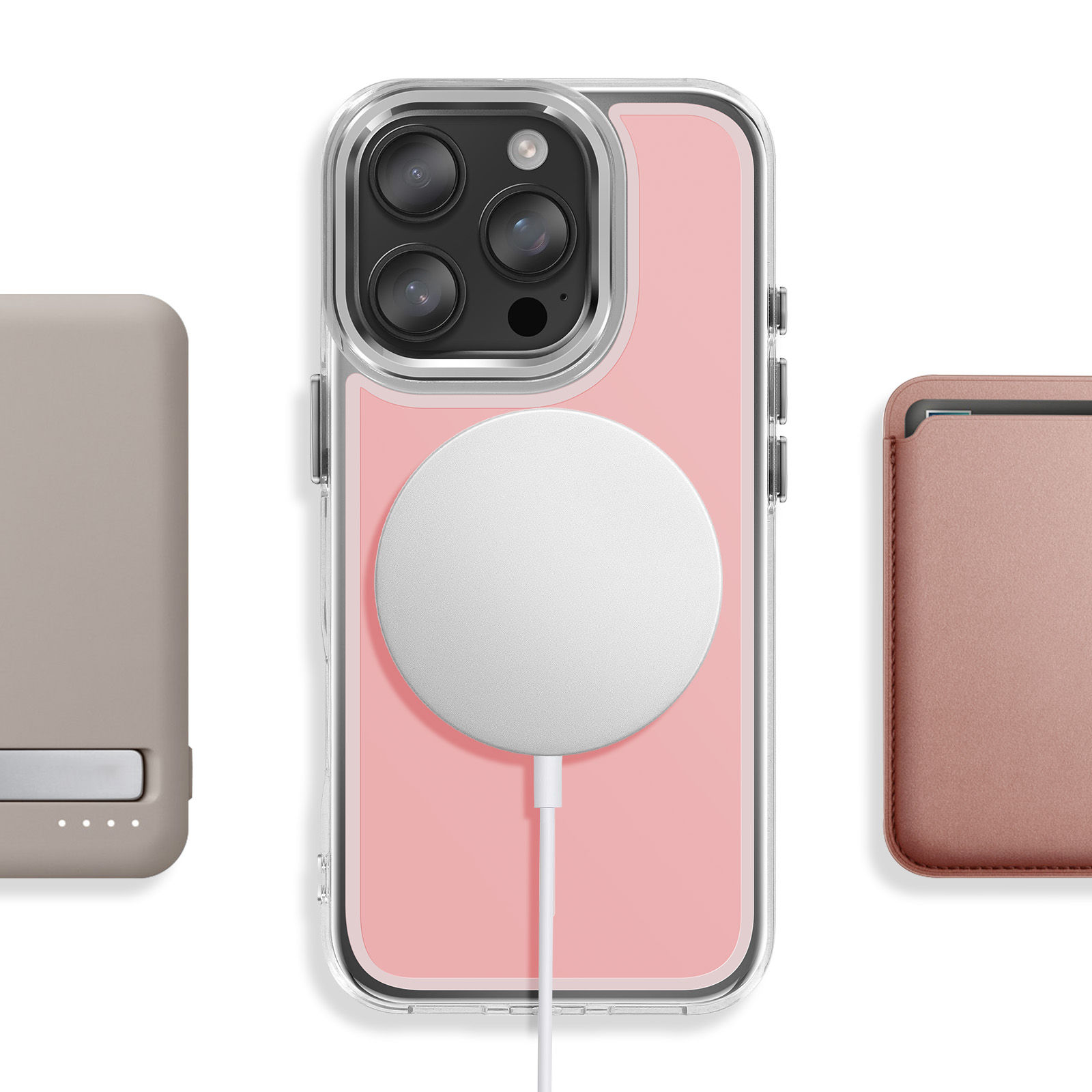 Drie telefoonhoesjes: een grijze, een roze met MagSafe lader en een bruine.
