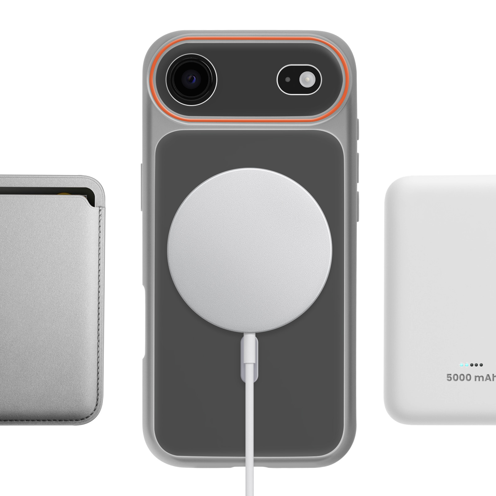 Grijze telefoonhoes met oranje rand, oplaadcirkel en witte kabel.