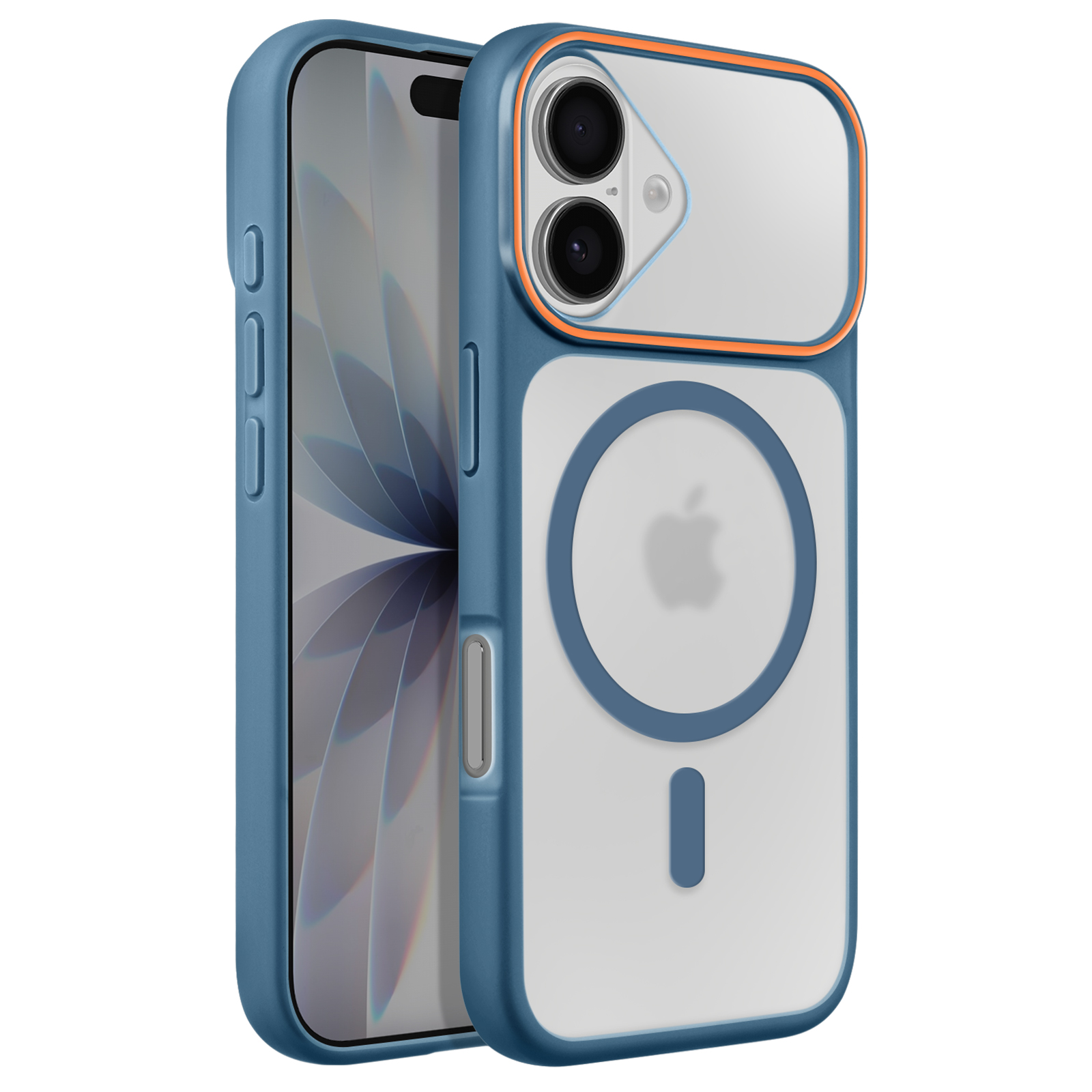Coque bleue MagSafe pour iPhone, avec découpe caméra et bordure orange.