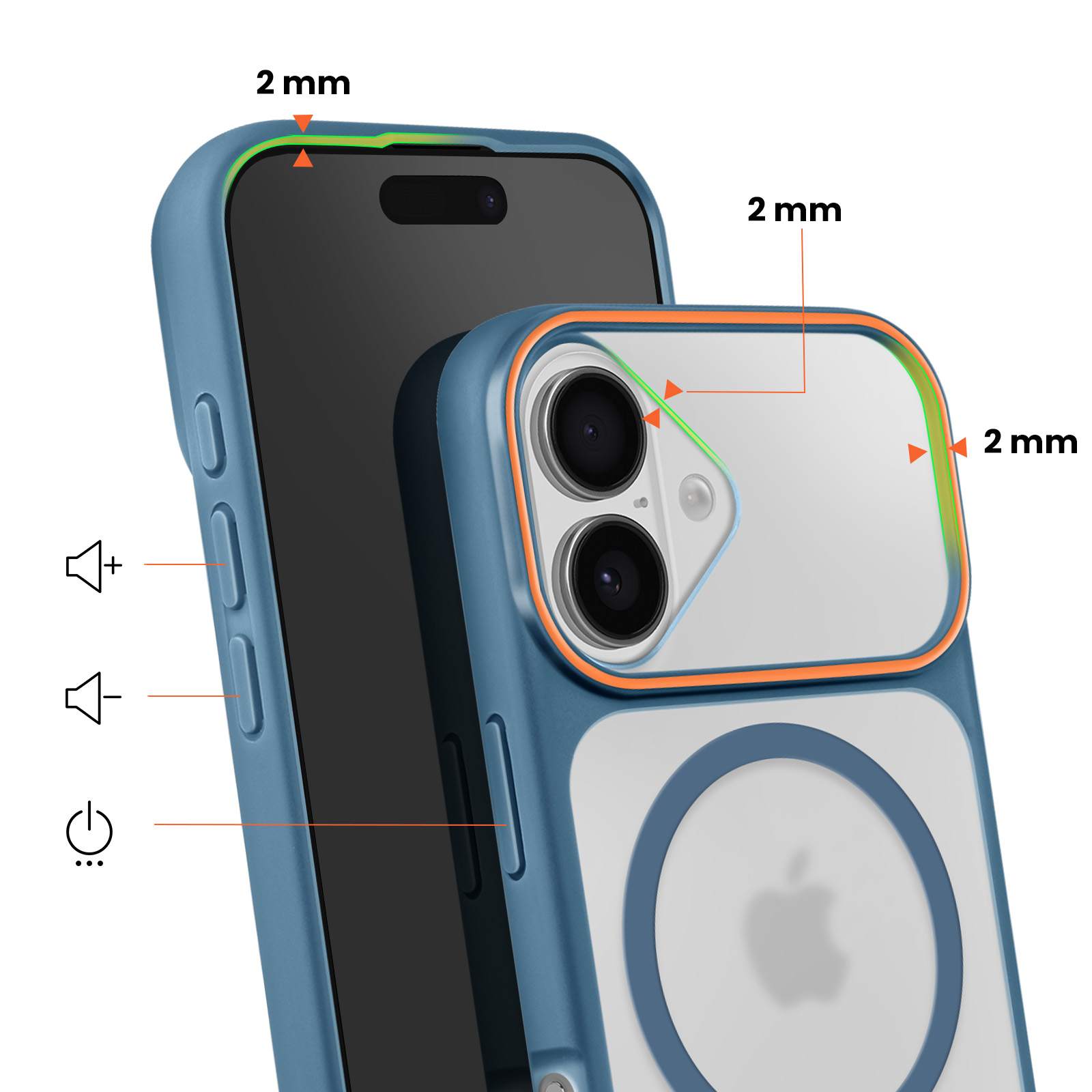 Coque de téléphone bleue avec bordure orange, montrant 2mm de surélévation caméra/écran.