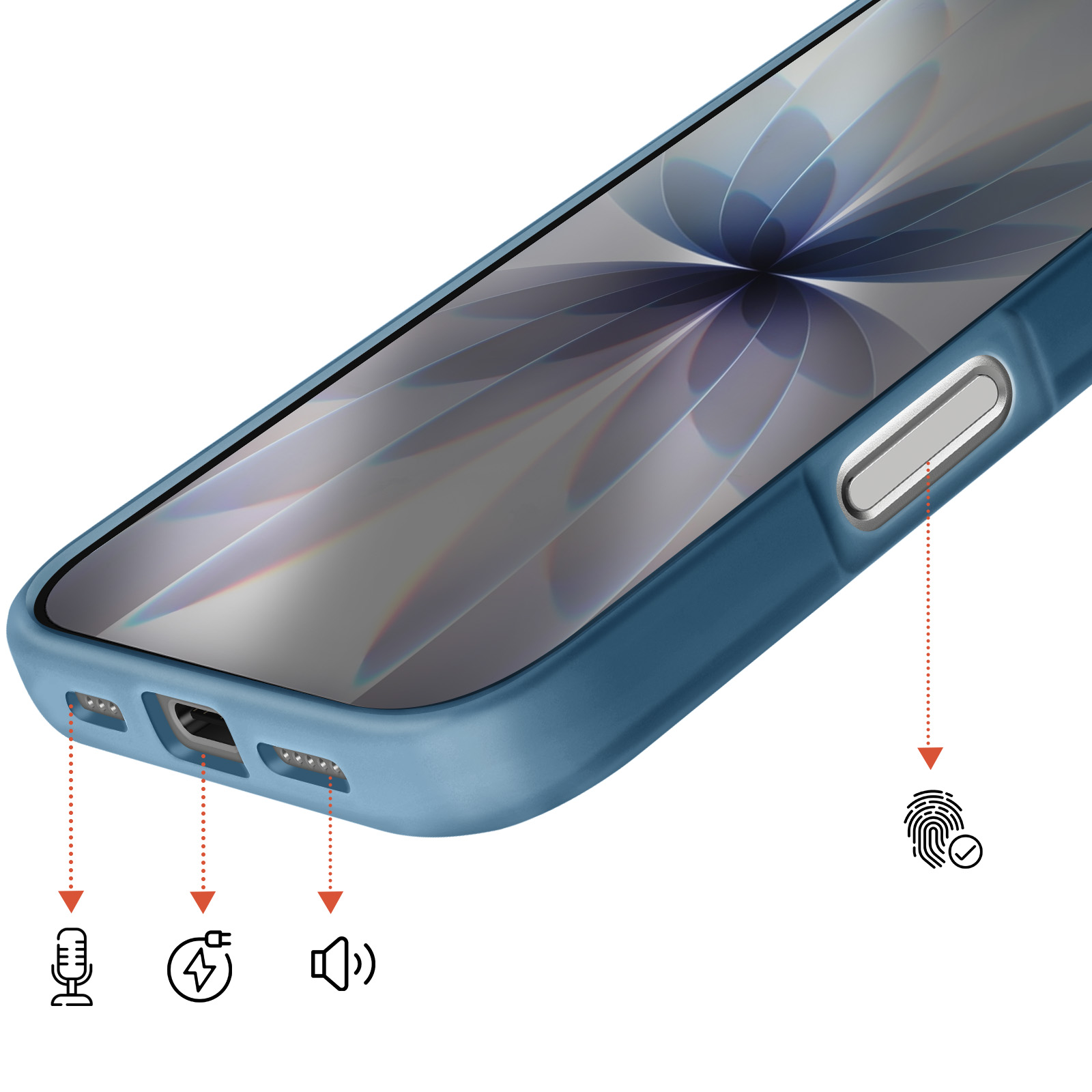 Téléphone bleu avec icônes haut-parleur, micro, port de charge et empreinte digitale.