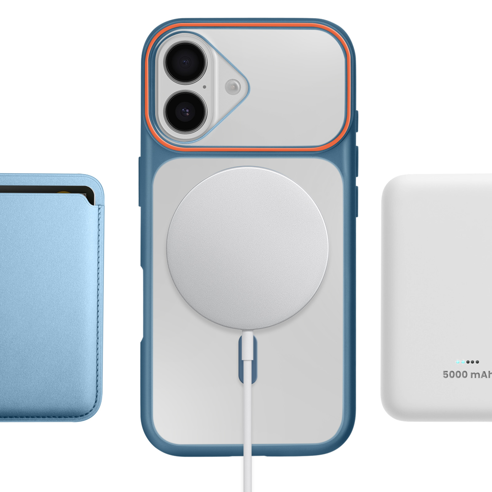 Un téléphone bleu avec étui, chargeur et batterie externe blanche.