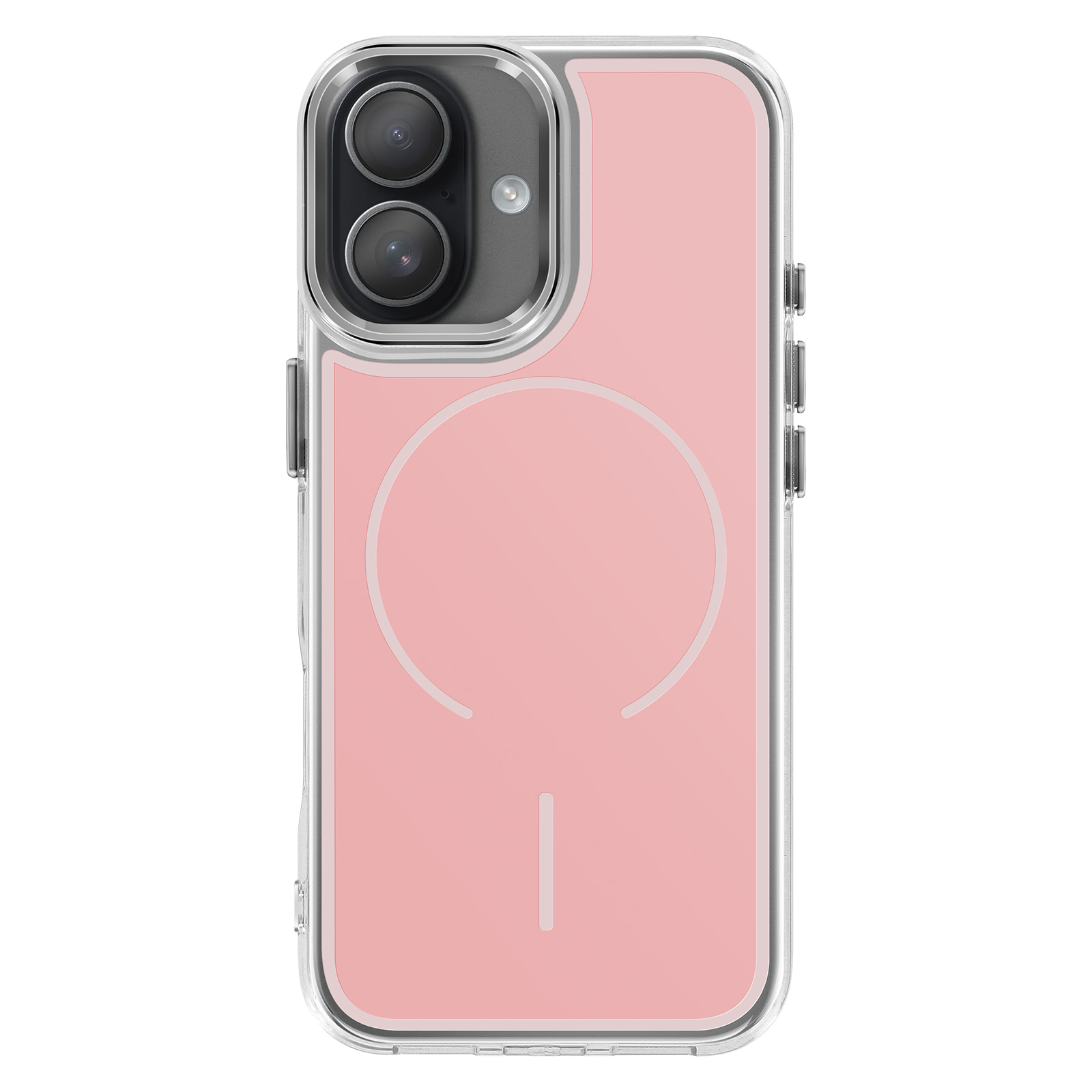 Retro di una custodia trasparente per telefono con sfondo rosa e due lenti.