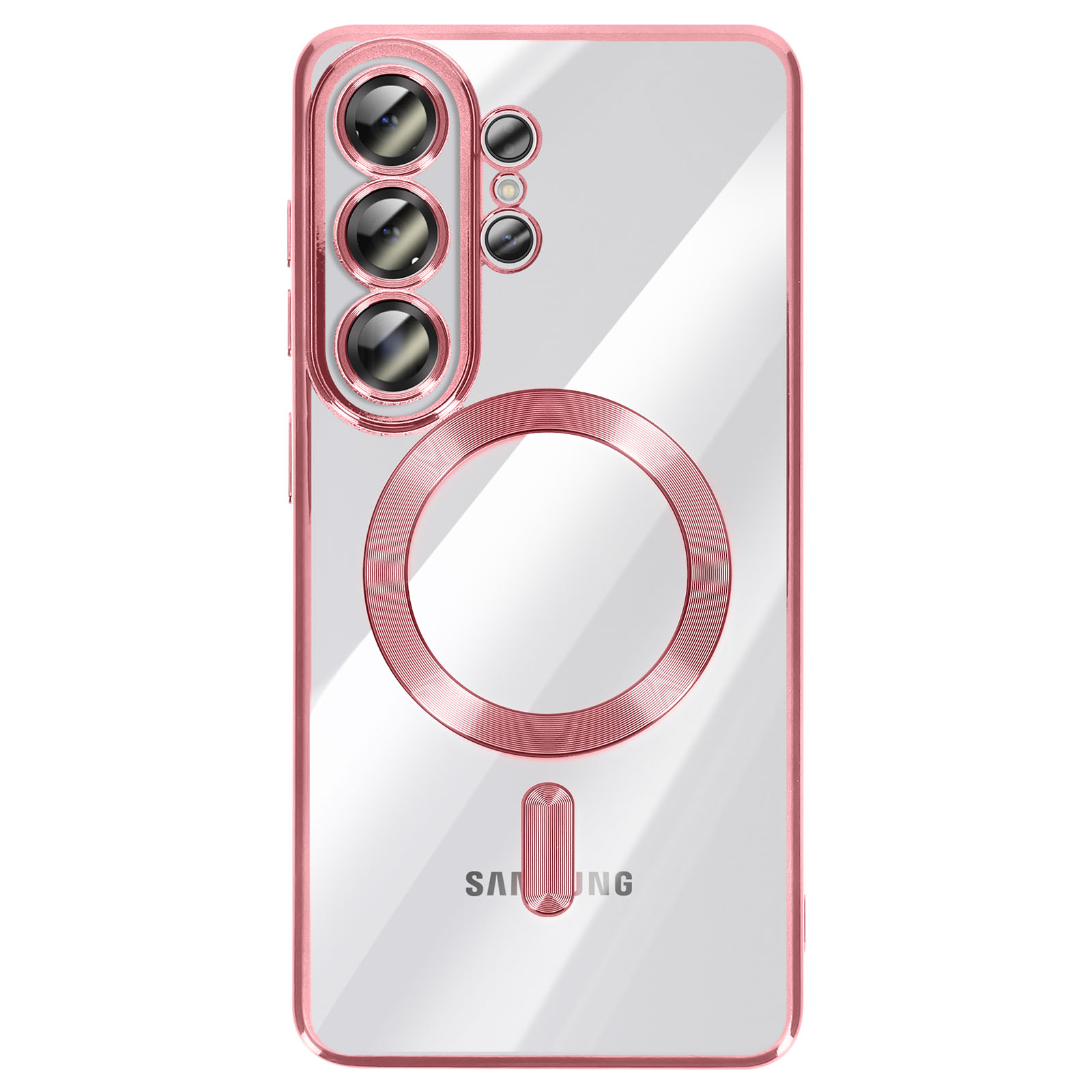 Coque de téléphone transparente avec bordure or rose, appareil photo et anneau magnétique.