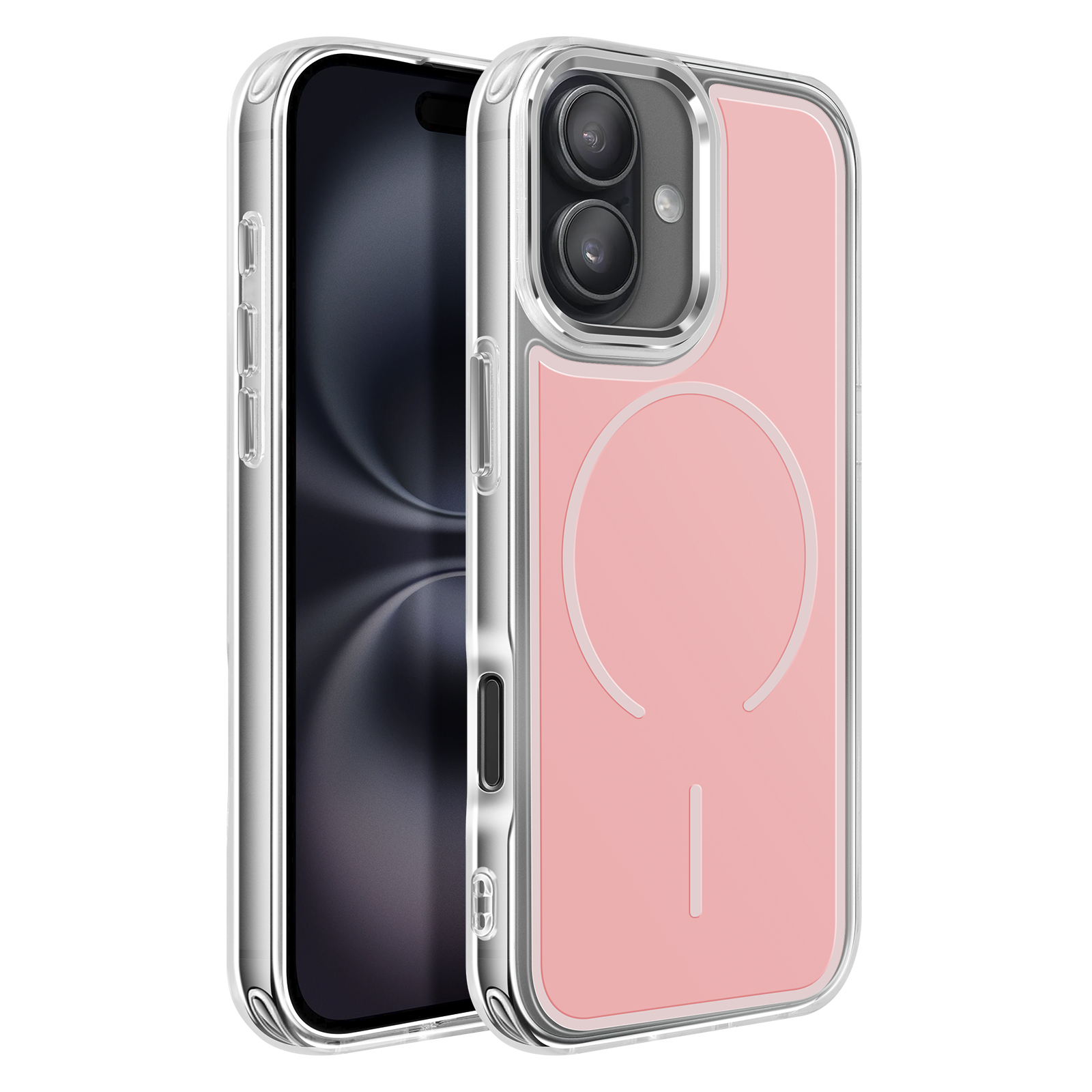 Una custodia trasparente per telefono con retro rosa e modulo fotocamera.