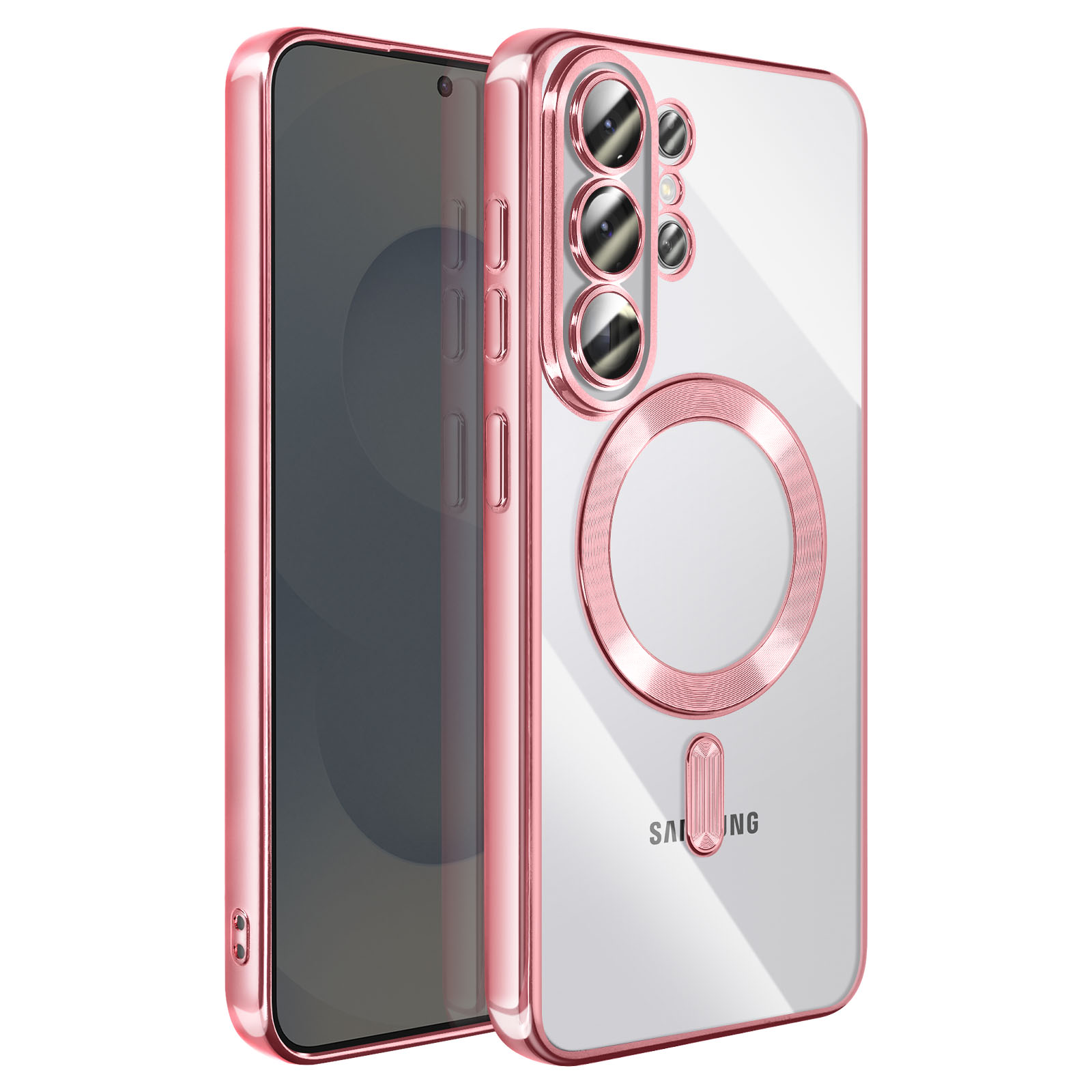 Un téléphone or rose avec coque transparente, montrant le module caméra.