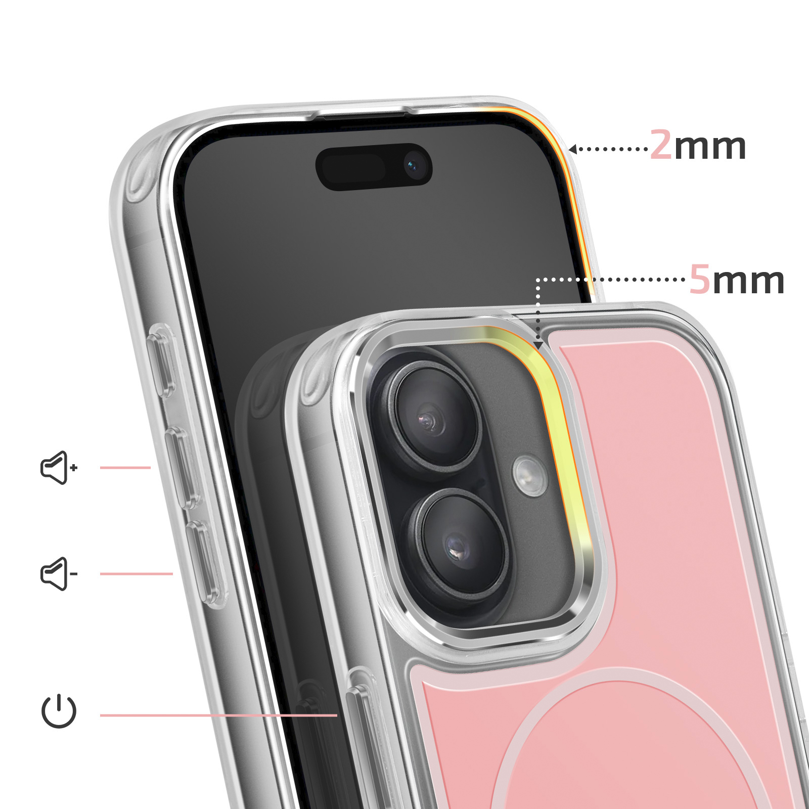 Custodia trasparente con retro rosa e fotocamera. Misure: 2mm e 5mm.