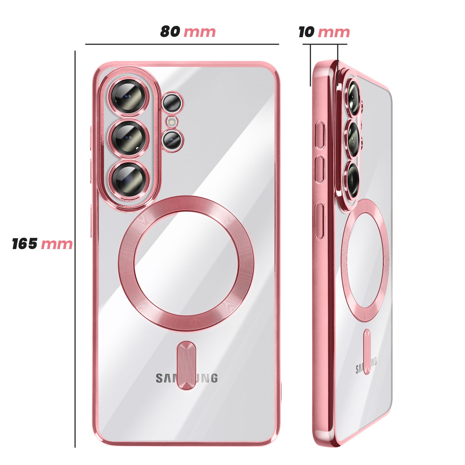 Coque de téléphone transparente avec bordure or rose, 165x80x10 mm.