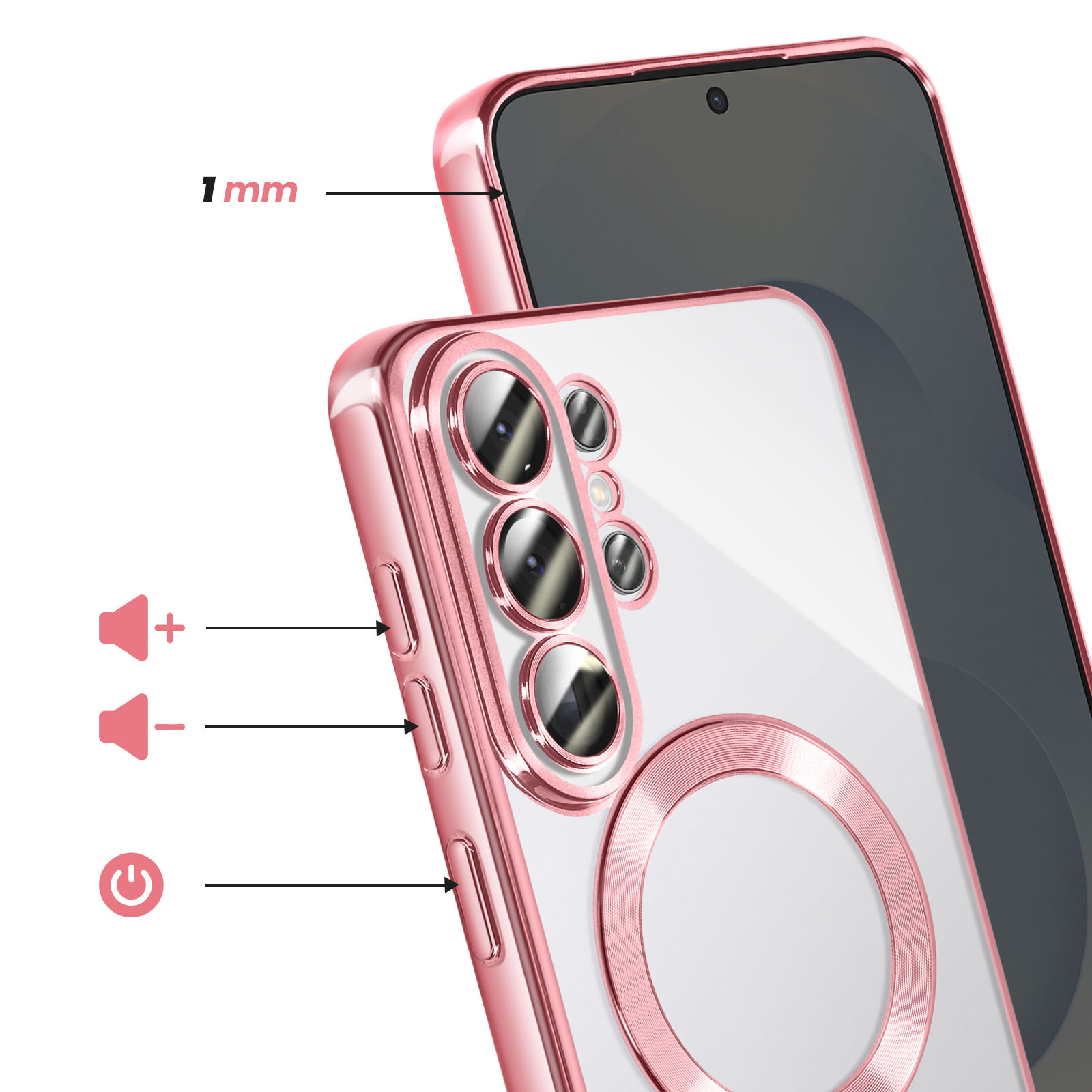 Une coque de téléphone rose doré avec dos transparent et objectifs de caméra.