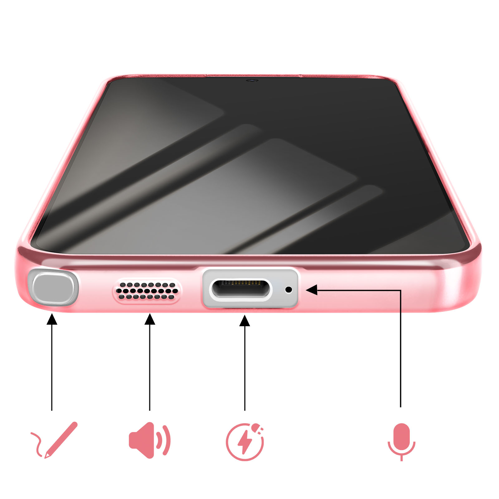 Coque de téléphone rose avec ports et icônes pour stylet, haut-parleur, charge, micro.