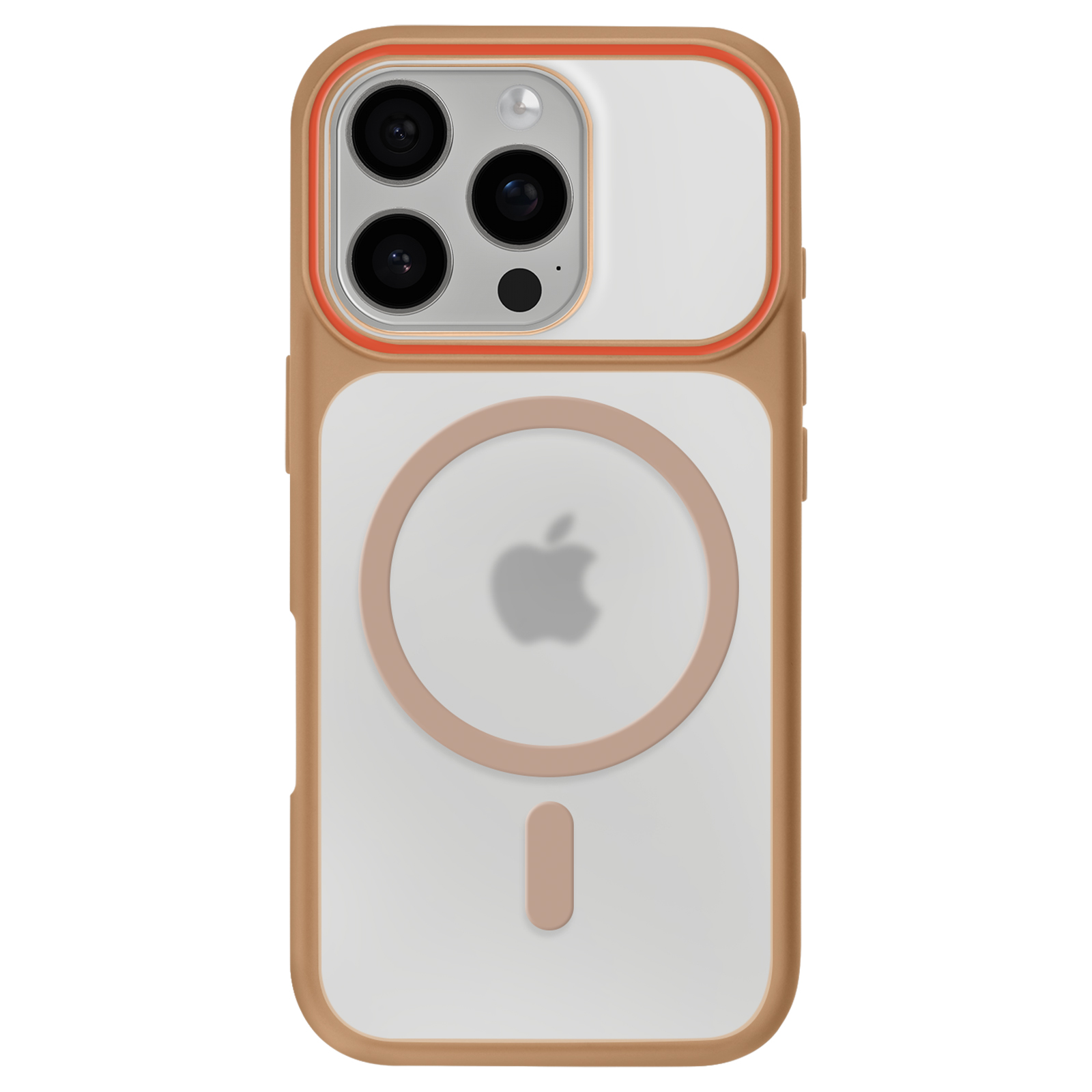 Une coque de téléphone bronzée avec dos transparent et boîtier d'appareil photo.