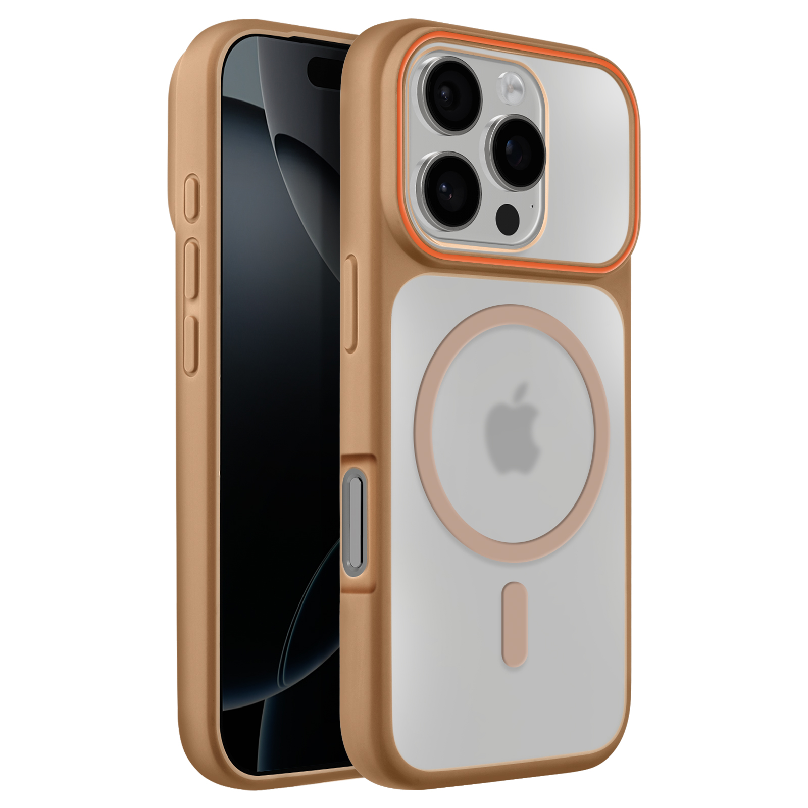 Coque de téléphone beige avec dos transparent et trois caméras.