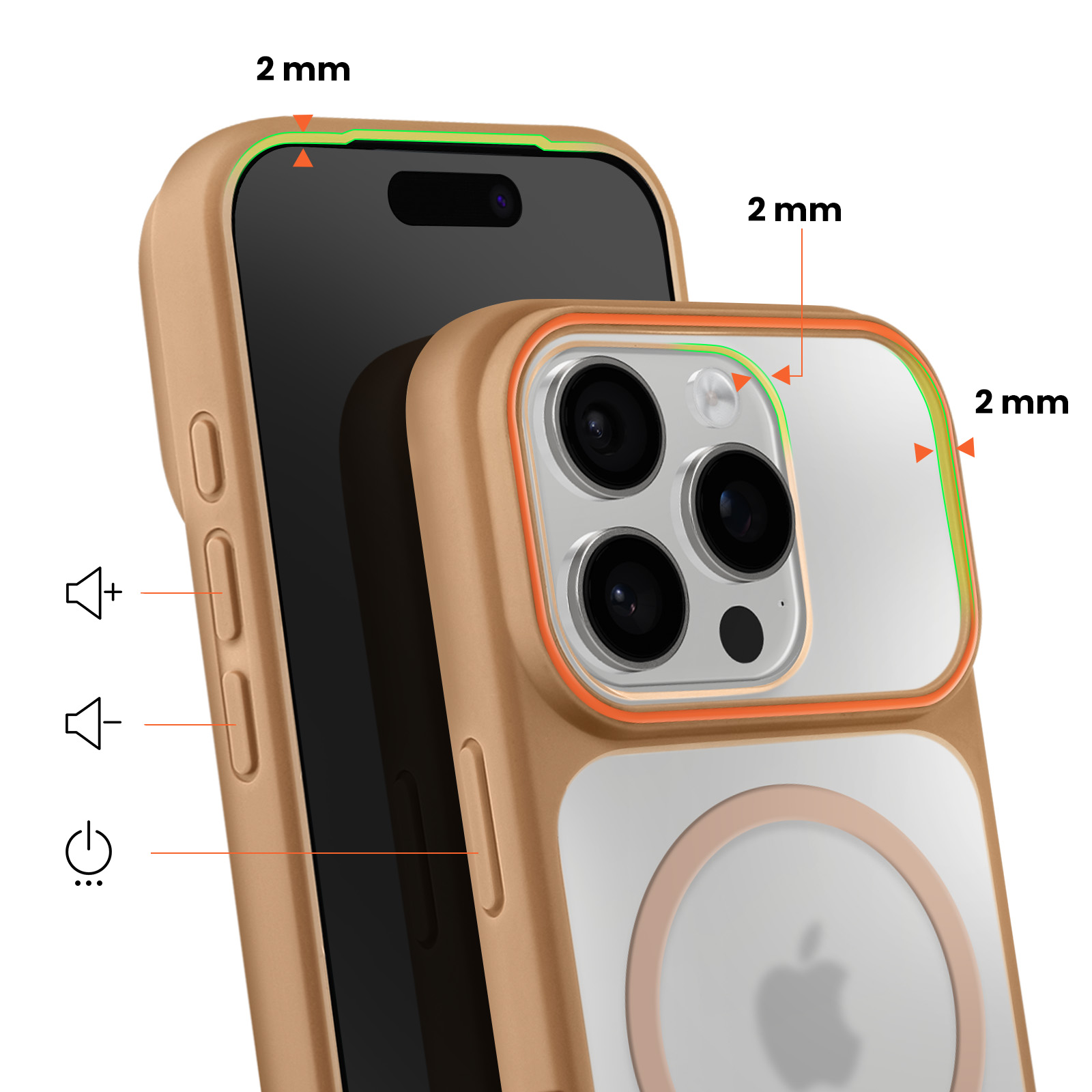 Une coque de téléphone beige avec découpe caméra et anneau MagSafe.