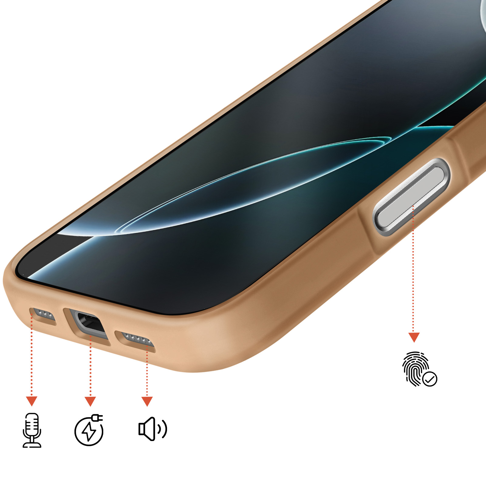 Une coque de téléphone beige montrant les ports pour micro, charge et haut-parleur, plus capteur.