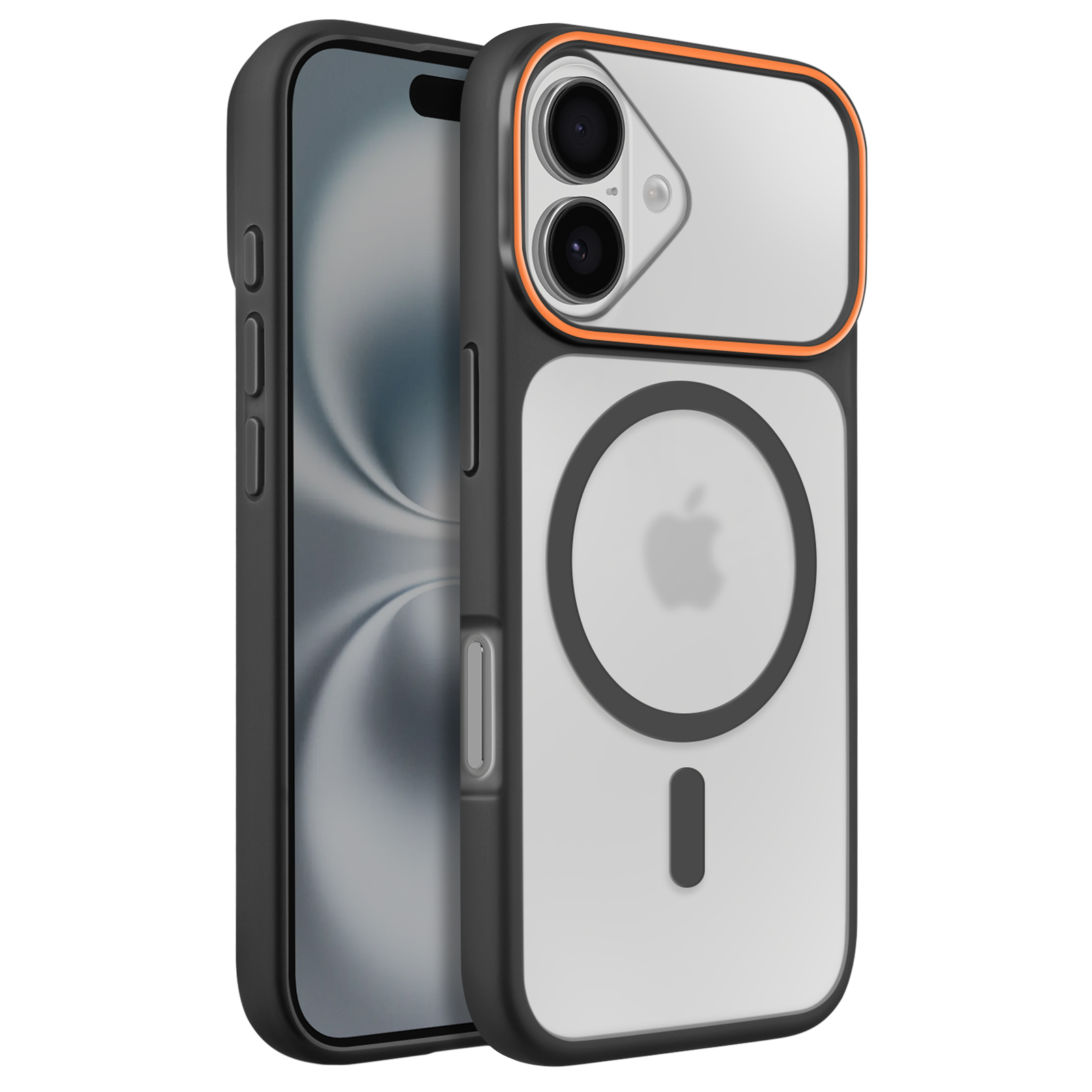 Een zwarte iPhone met oranje rand en doorzichtige achterkant.