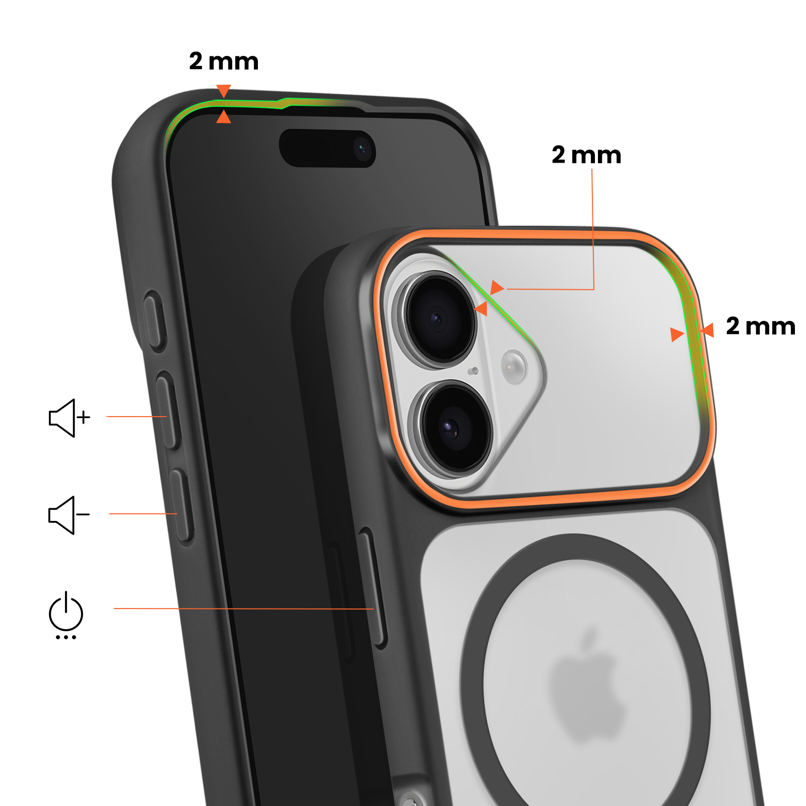 Zwarte iPhone hoes met oranje rand, 2mm verhoogde randen.