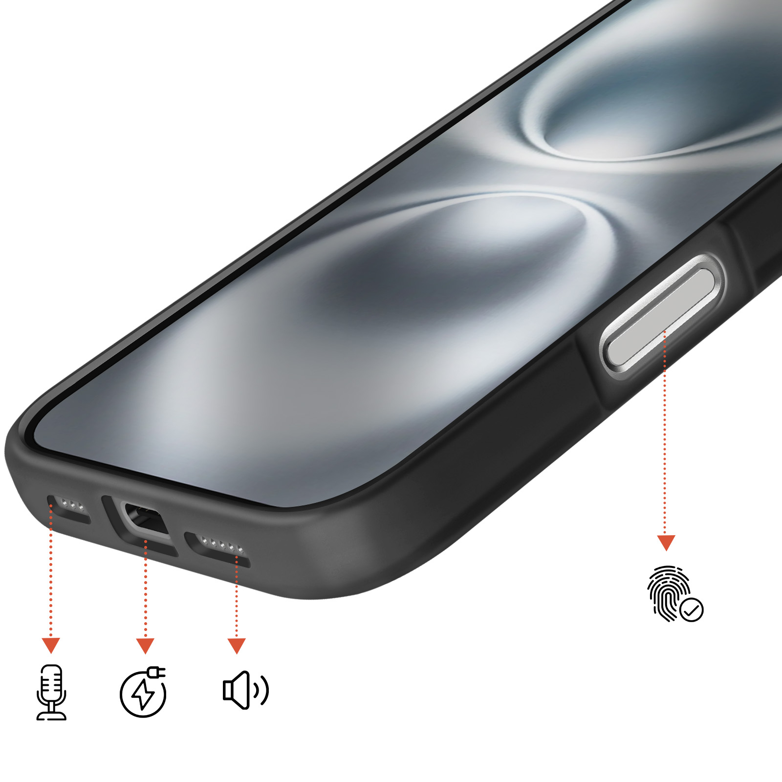 Zwarte smartphone met gemarkeerde poorten: microfoon, opladen en luidspreker.