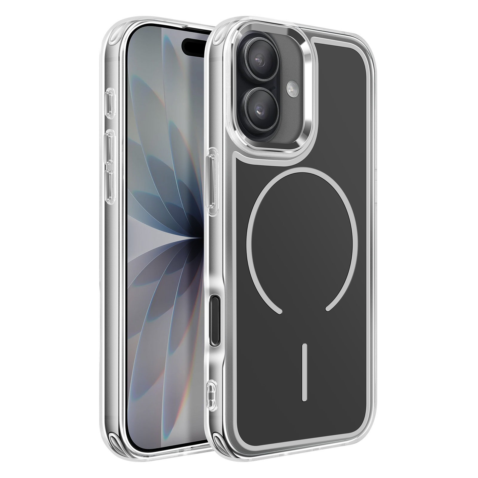 Een doorzichtige telefoonhoes met zilveren randen, die een smartphone beschermt.