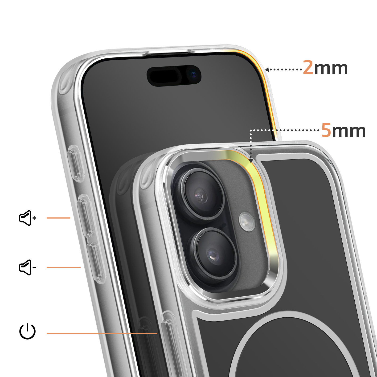 Close-up van een doorzichtige telefoonhoes met camera en knoppen.