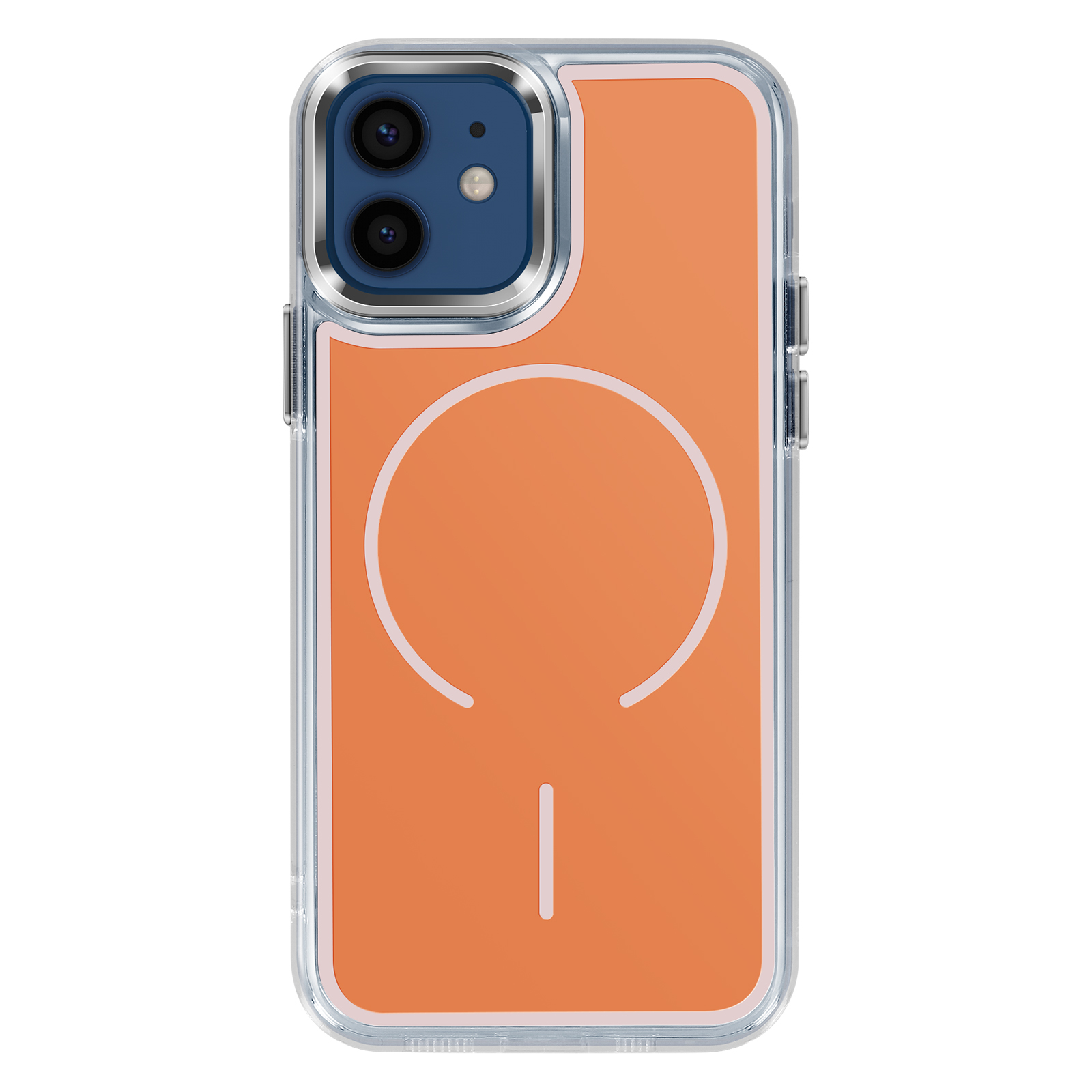 Une coque de téléphone orange avec deux caméras et un contour argenté.