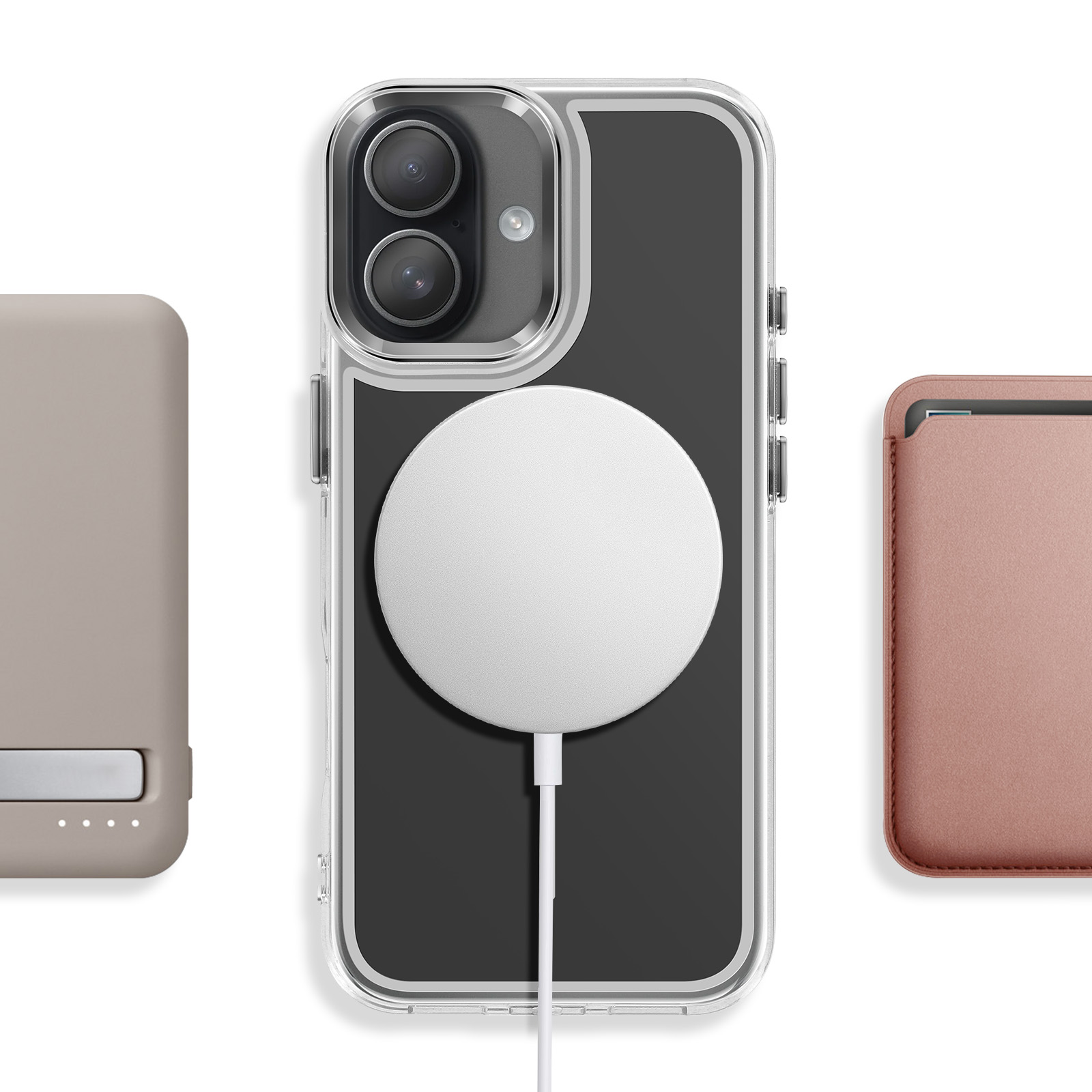 Drie telefoonhoesjes: een bruin batterijpakket, een doorzichtig hoesje met oplader en een roségouden portemonnee.