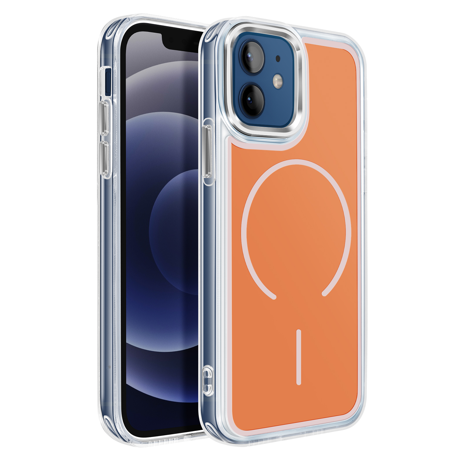 Un iPhone orange dans un étui transparent, montrant deux caméras au dos.