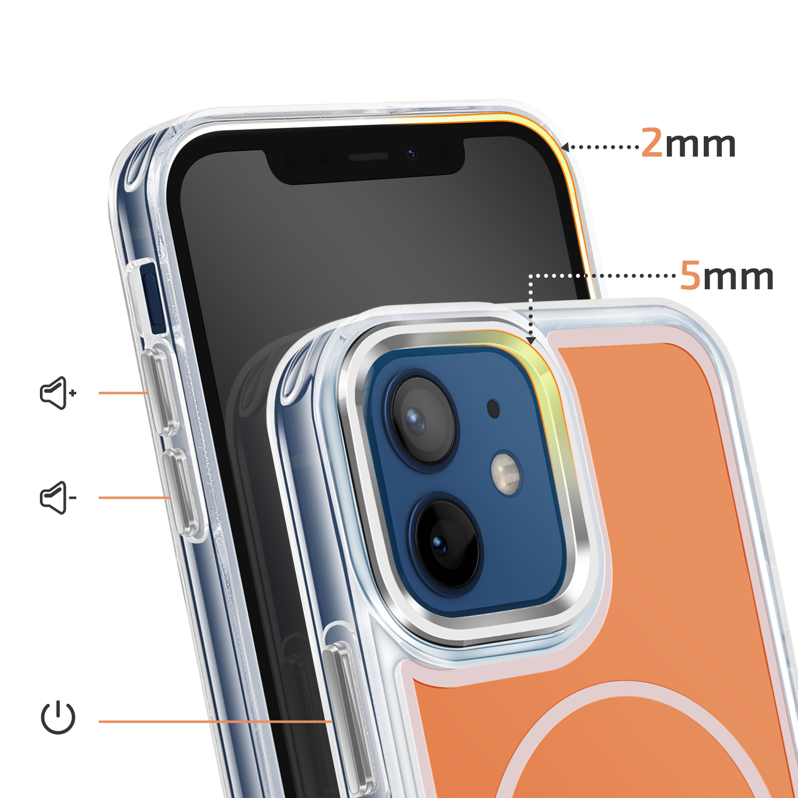 Coque transparente avec dos orange, montrant une épaisseur de 2mm et 5mm.