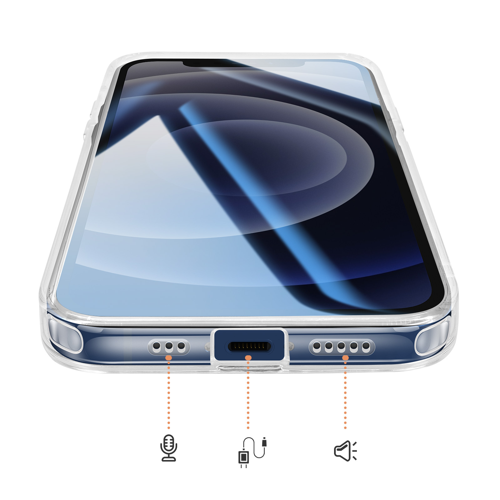 Une coque de téléphone transparente montre le port de charge, le micro et les haut-parleurs.