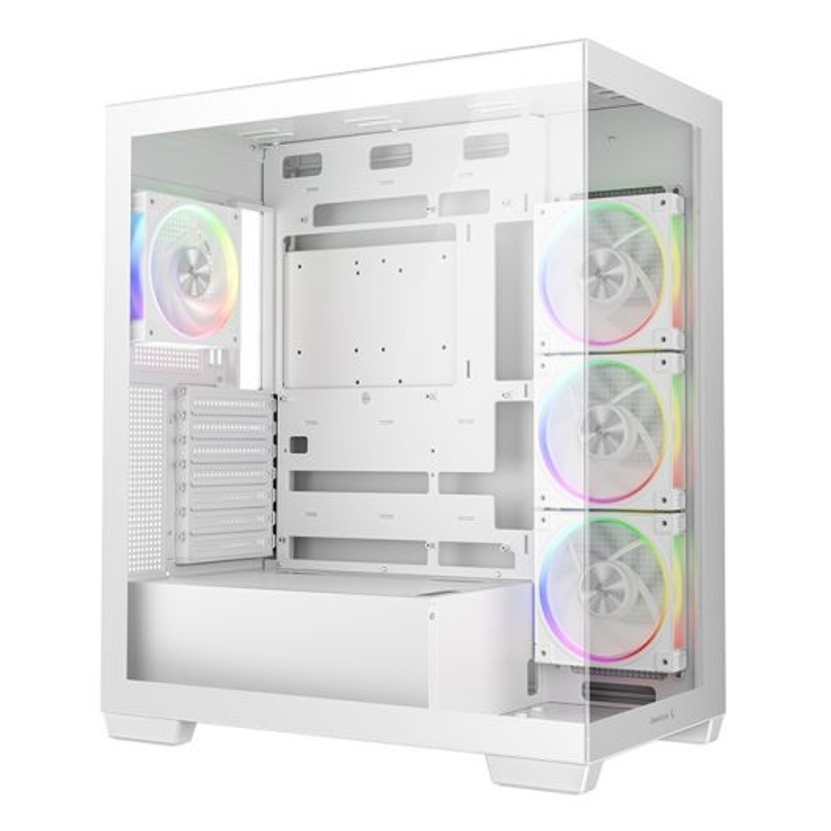 Un case PC bianco con ventole RGB e frontale in vetro.