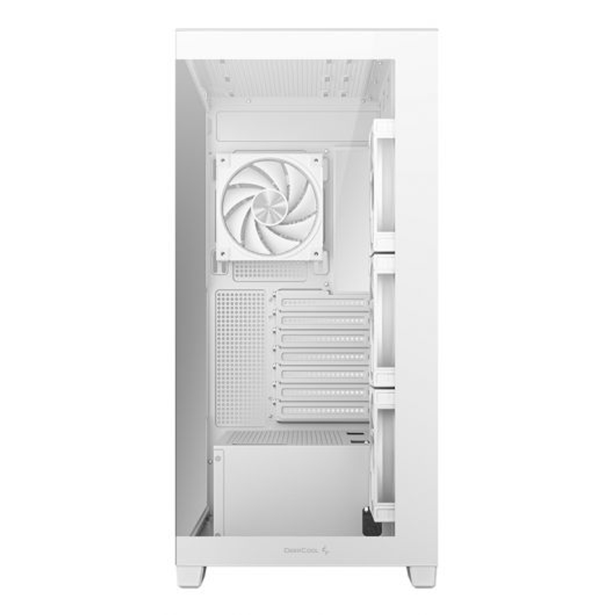 Un case PC bianco con ventola e alloggiamenti visibili.