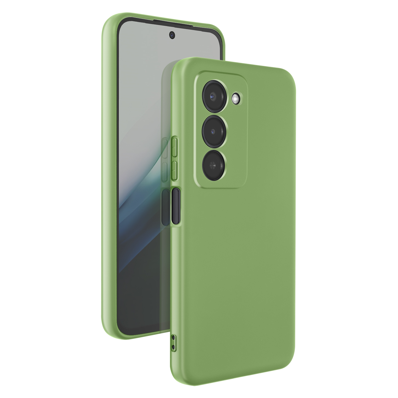 Coque de téléphone verte avec trois objectifs et boutons. Fond blanc.