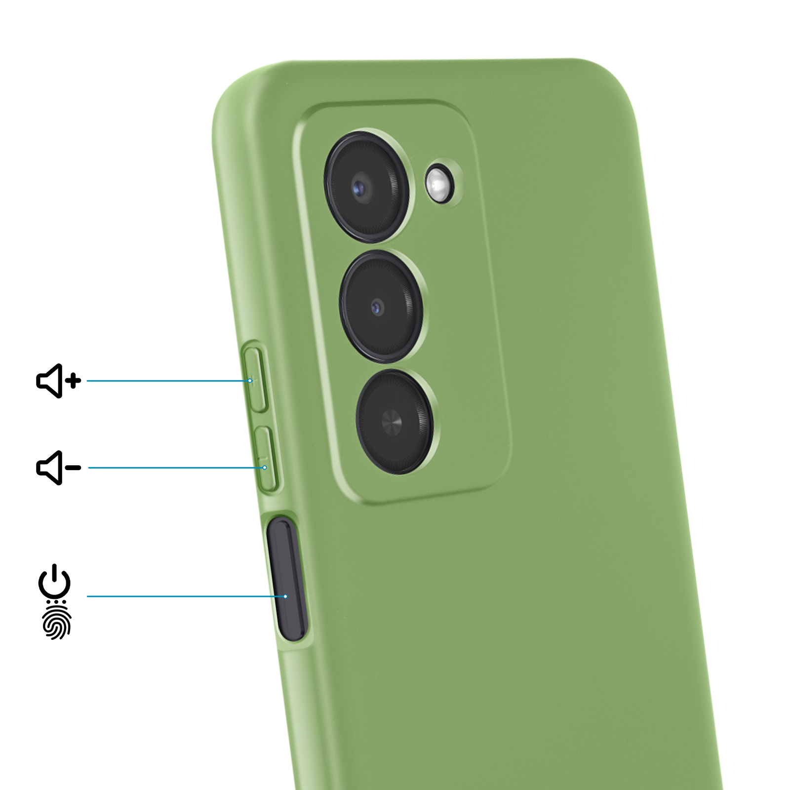 Coque de téléphone verte avec trois objectifs et boutons de volume.