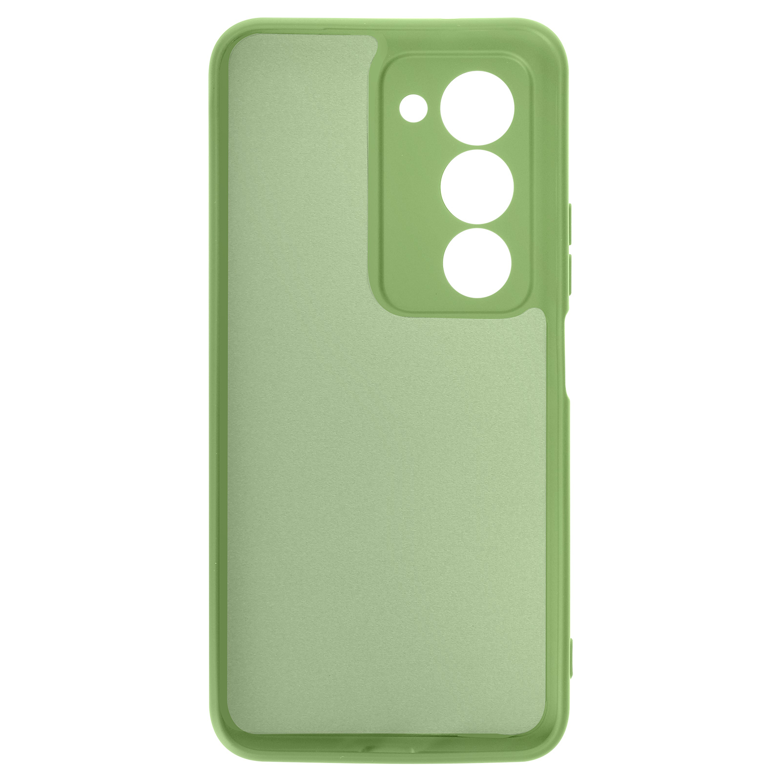 Une coque de téléphone verte avec des découpes pour appareils photo et boutons.