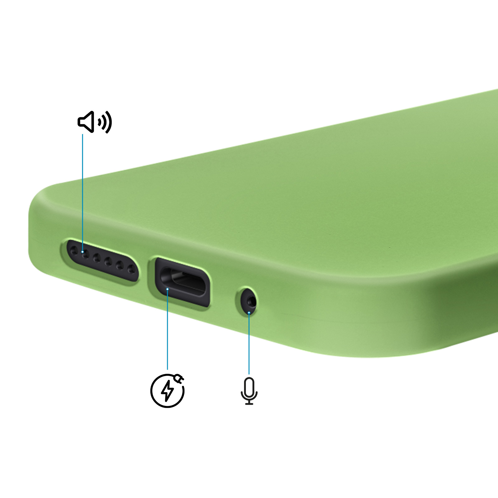 Coque verte pour téléphone montrant les ports haut-parleur, charge et écouteurs.