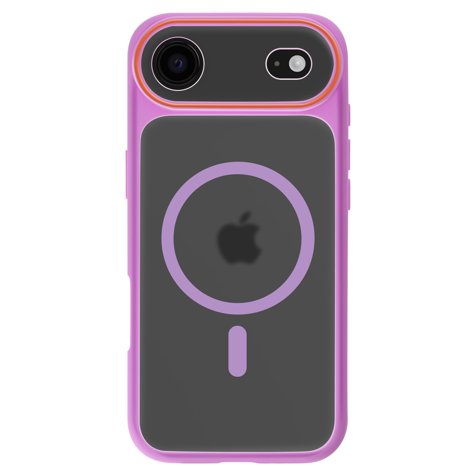 Paarse iPhone hoes met doorzichtige achterkant, Apple logo en camera.