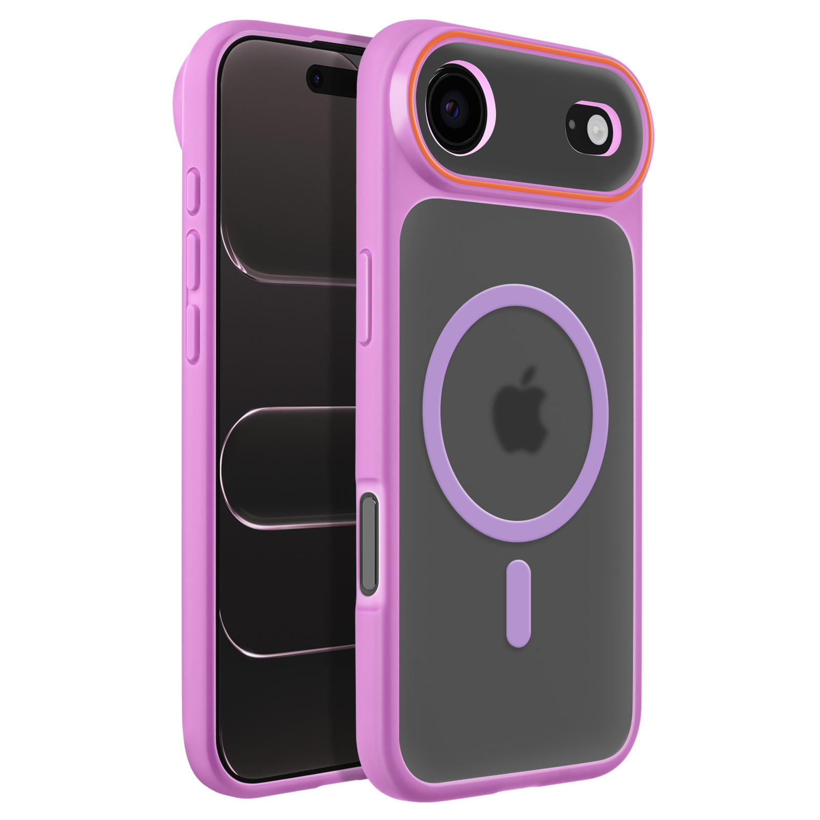 Een roze telefoonhoesje met zwarte inzet, dat een iPhone beschermt.