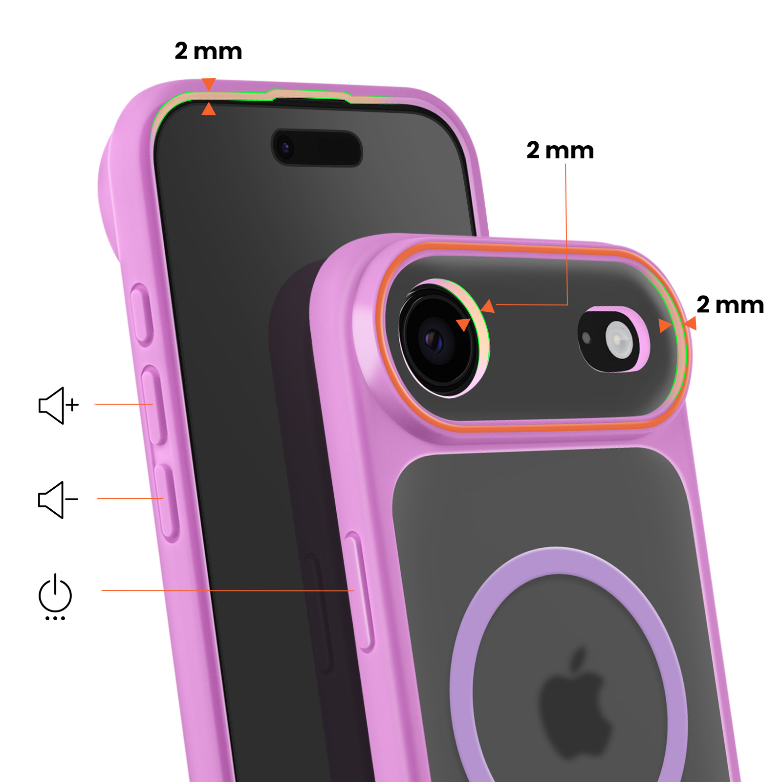 Een paarse telefoonhoes met 2mm rand rond scherm en camera.