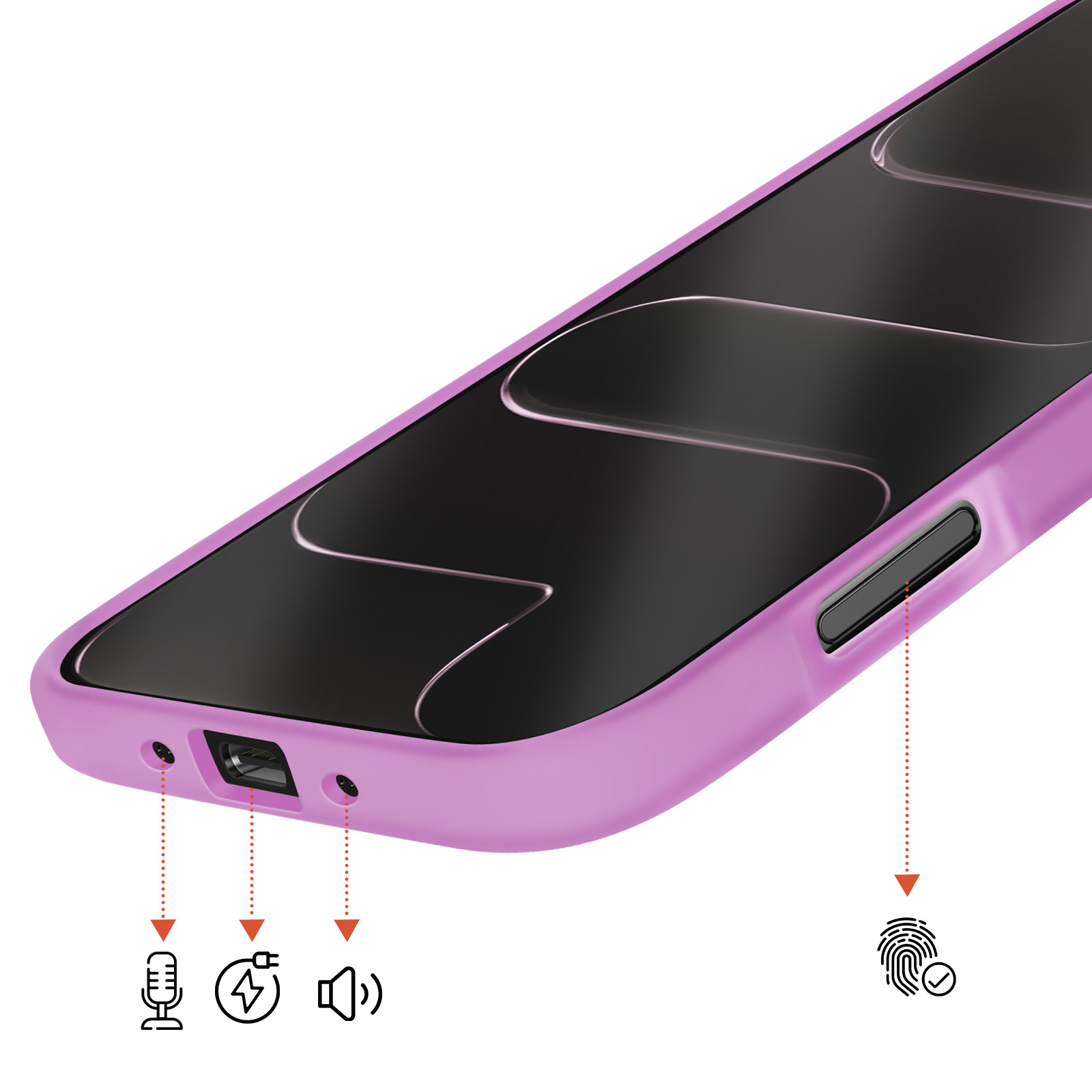 Paarse telefoonhoes toont poorten voor microfoon, opladen, luidspreker en vingerafdruksensor.