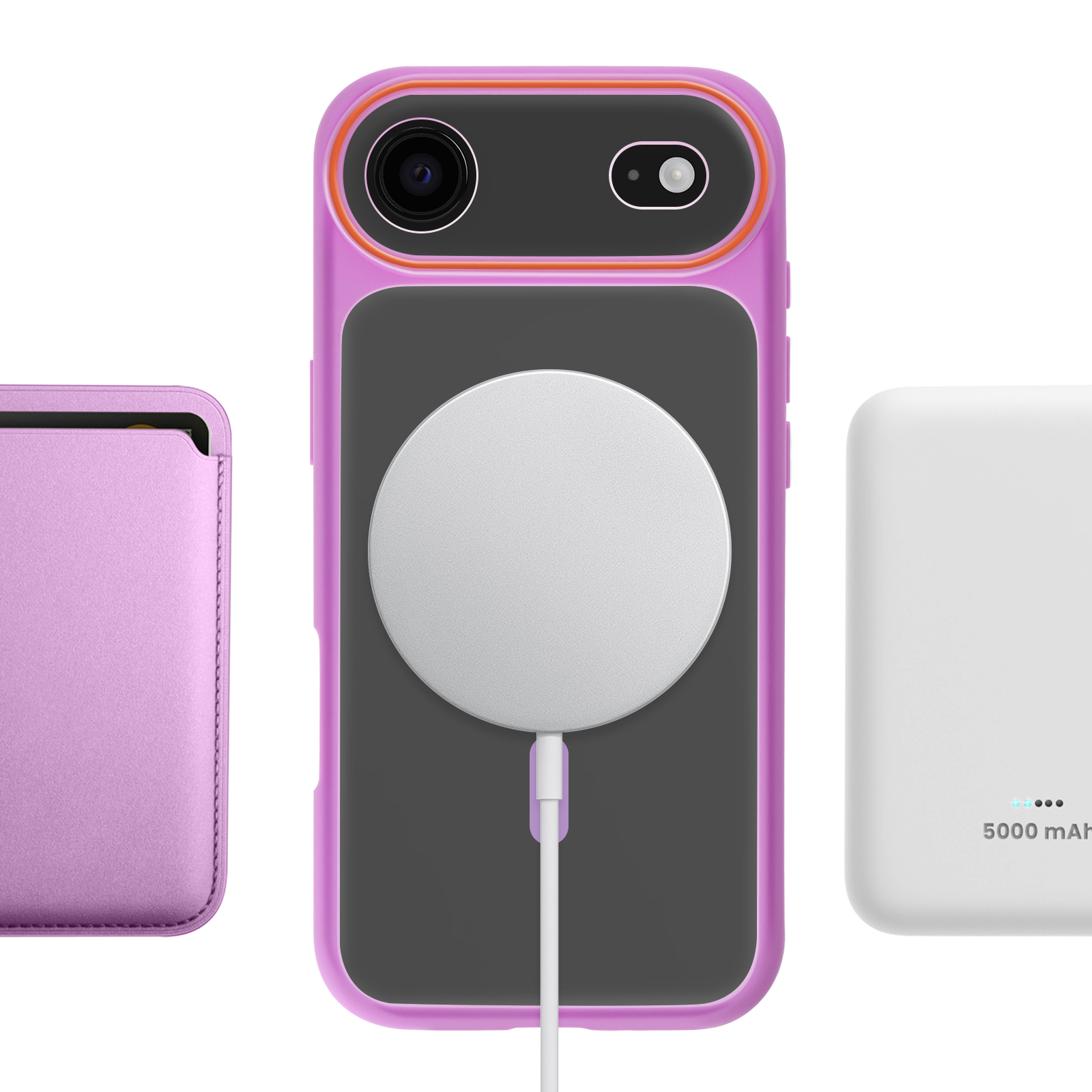 Paarse telefoonhoes met oplader en accessoire op witte achtergrond.