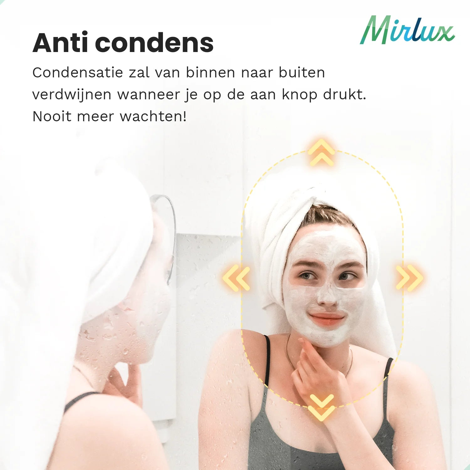 Een vrouw met gezichtsmasker en handdoek kijkt in de spiegel. Mirlux.