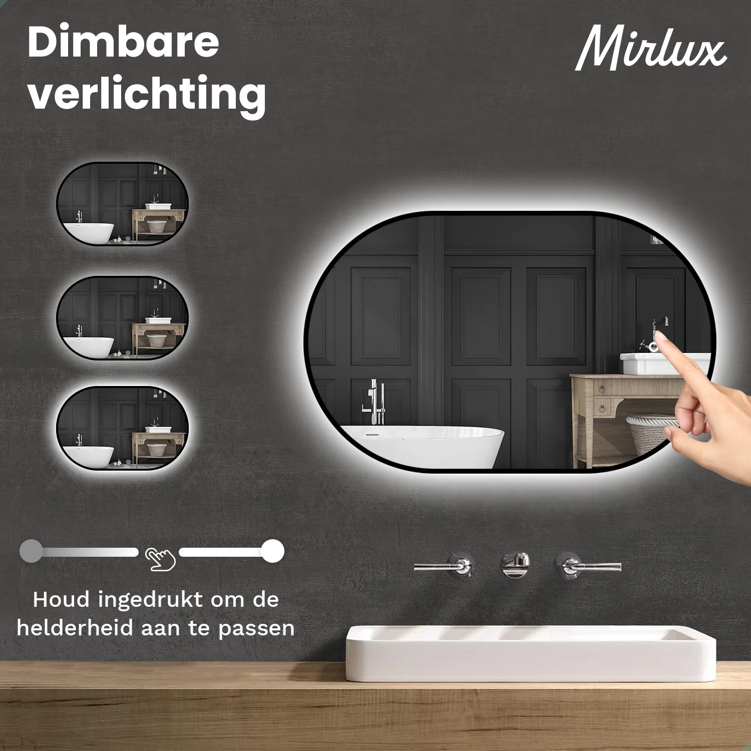 Een spiegel met achtergrondverlichting in een badkamer met wastafel en kranen.