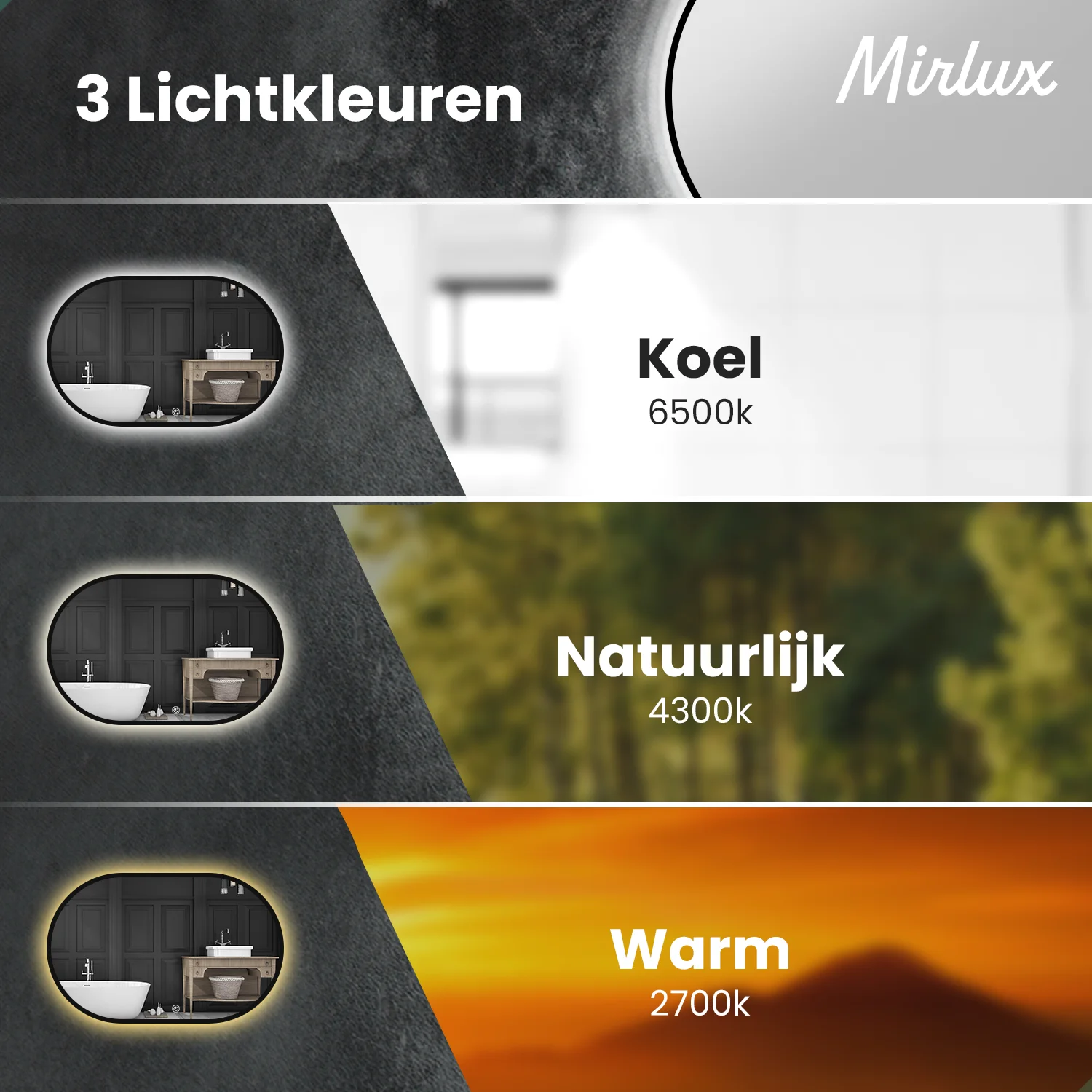Drie lichtkleuren: Koel 6500k, Natuurlijk 4300k, Warm 2700k.