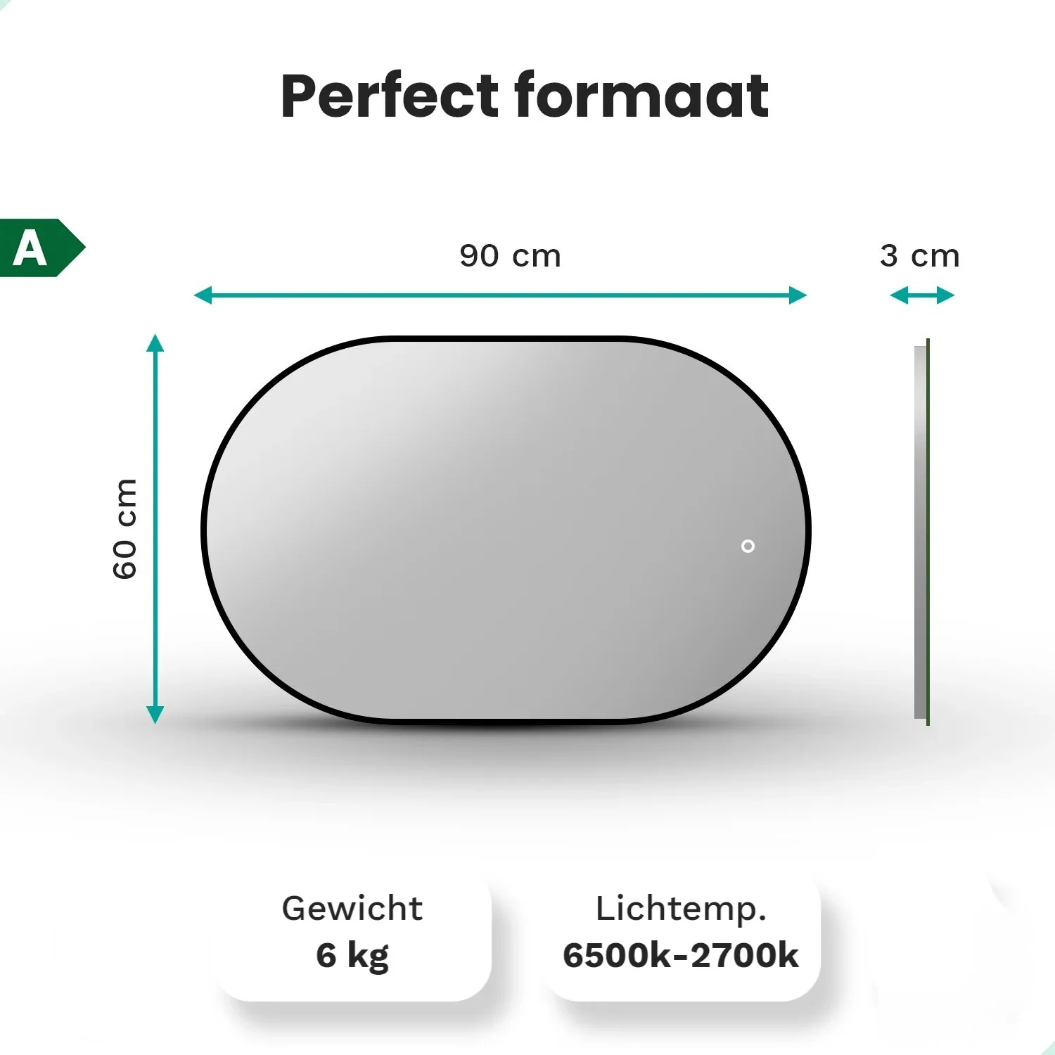 Ovale spiegel, 90x60cm, 3cm diep, 6kg, licht 6500-2700k.