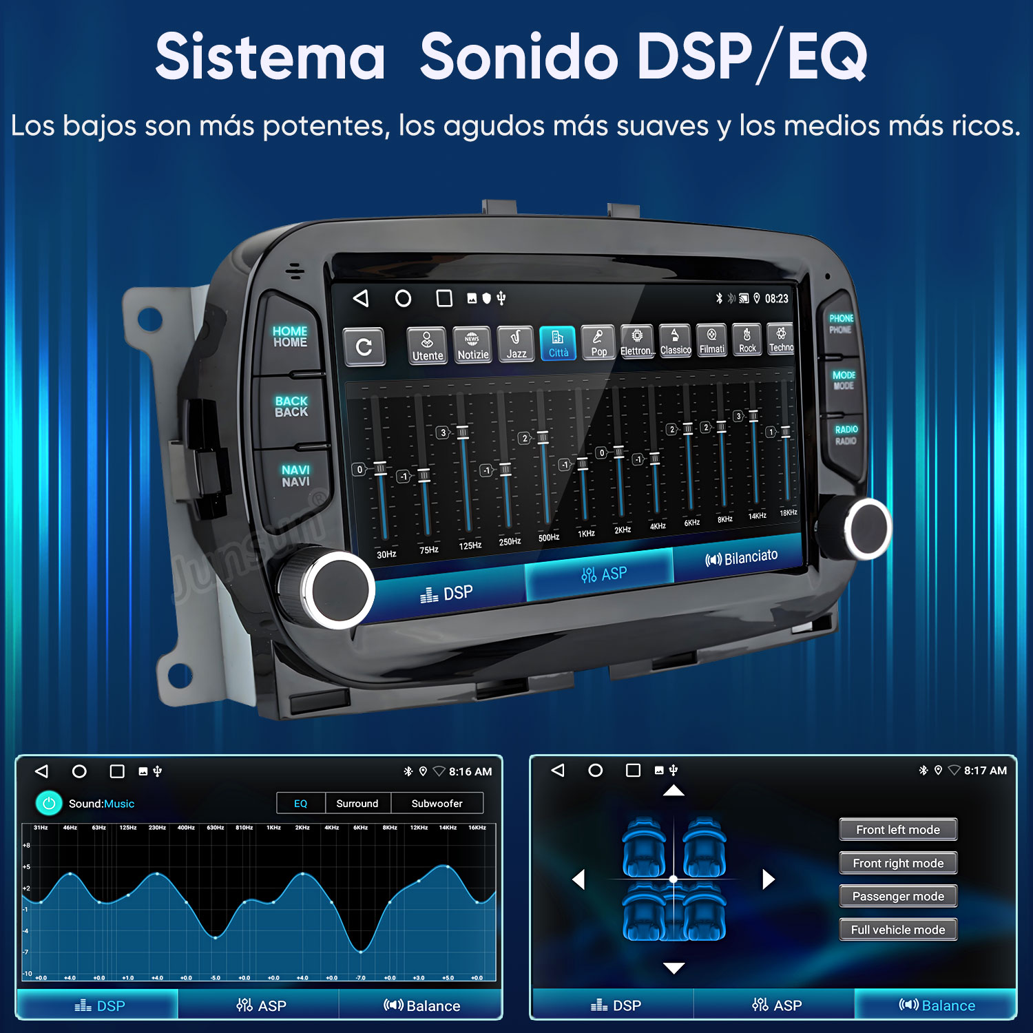 Una pantalla de radio de coche muestra ajustes DSP/EQ con gráficos de ecualizador y modo altavoz.
